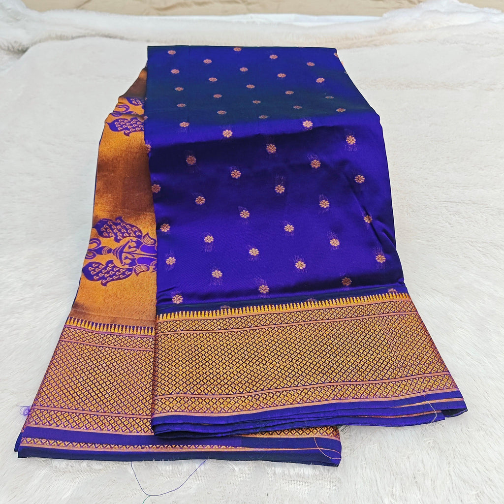 City Center royal blue Paithani silk saree with gold zari peacock border and intricate floral motifs