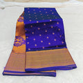 City Center royal blue Paithani silk saree with gold zari peacock border and intricate floral motifs