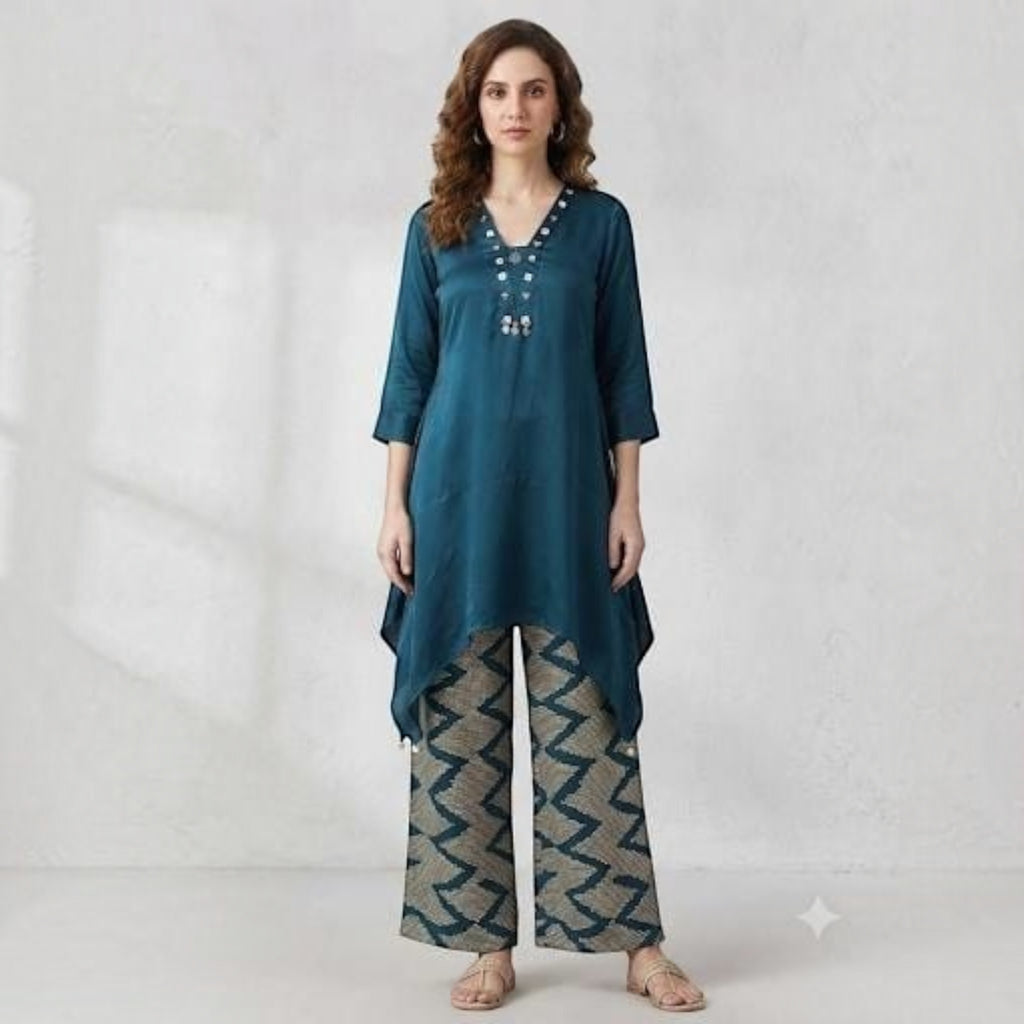 City Center plus-size co-ord set featuring a blue tunic with mirror work and patterned wide-leg trousers