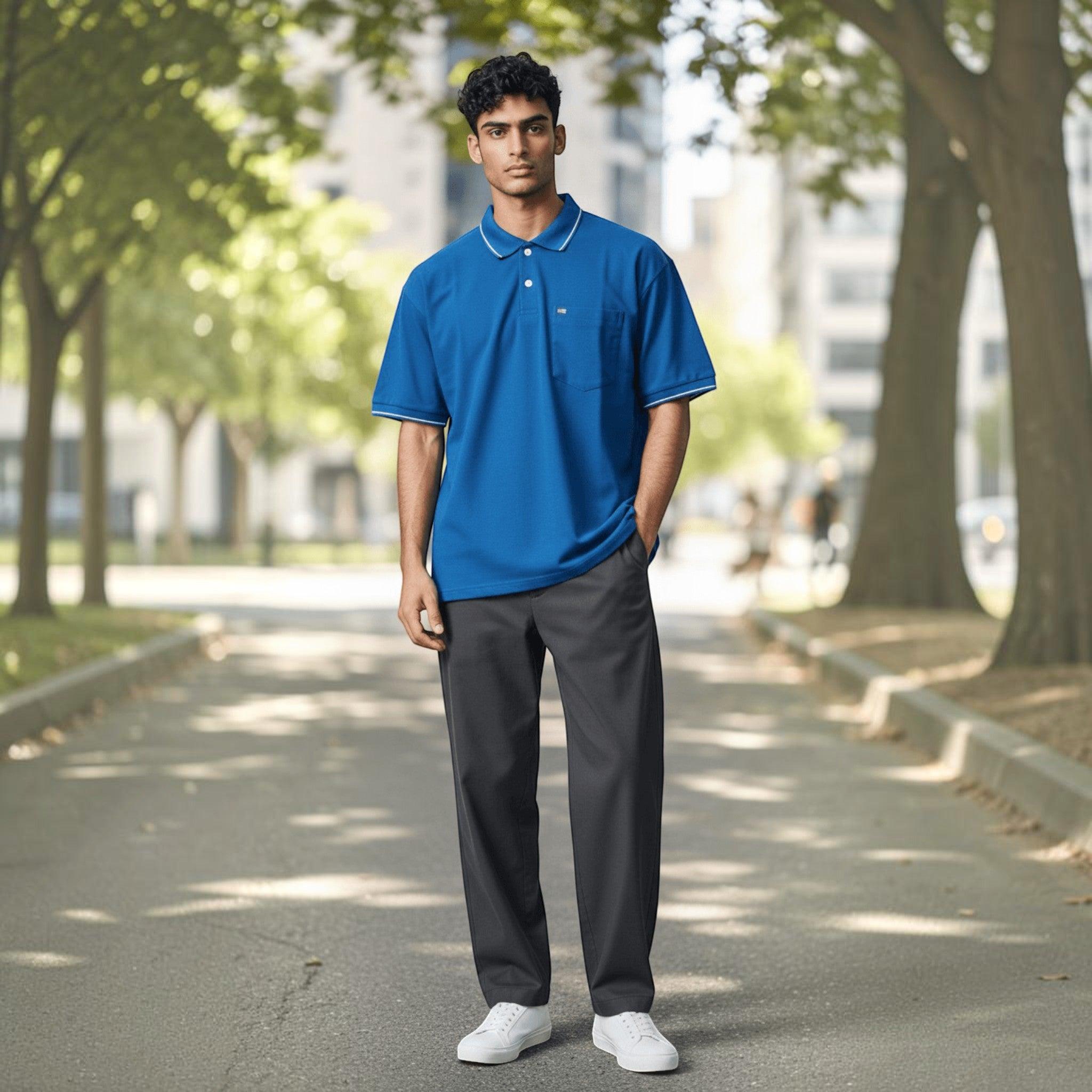 City Center model wearing a blue polo shirt with white trim and a chest pocket, paired with dark trousers.