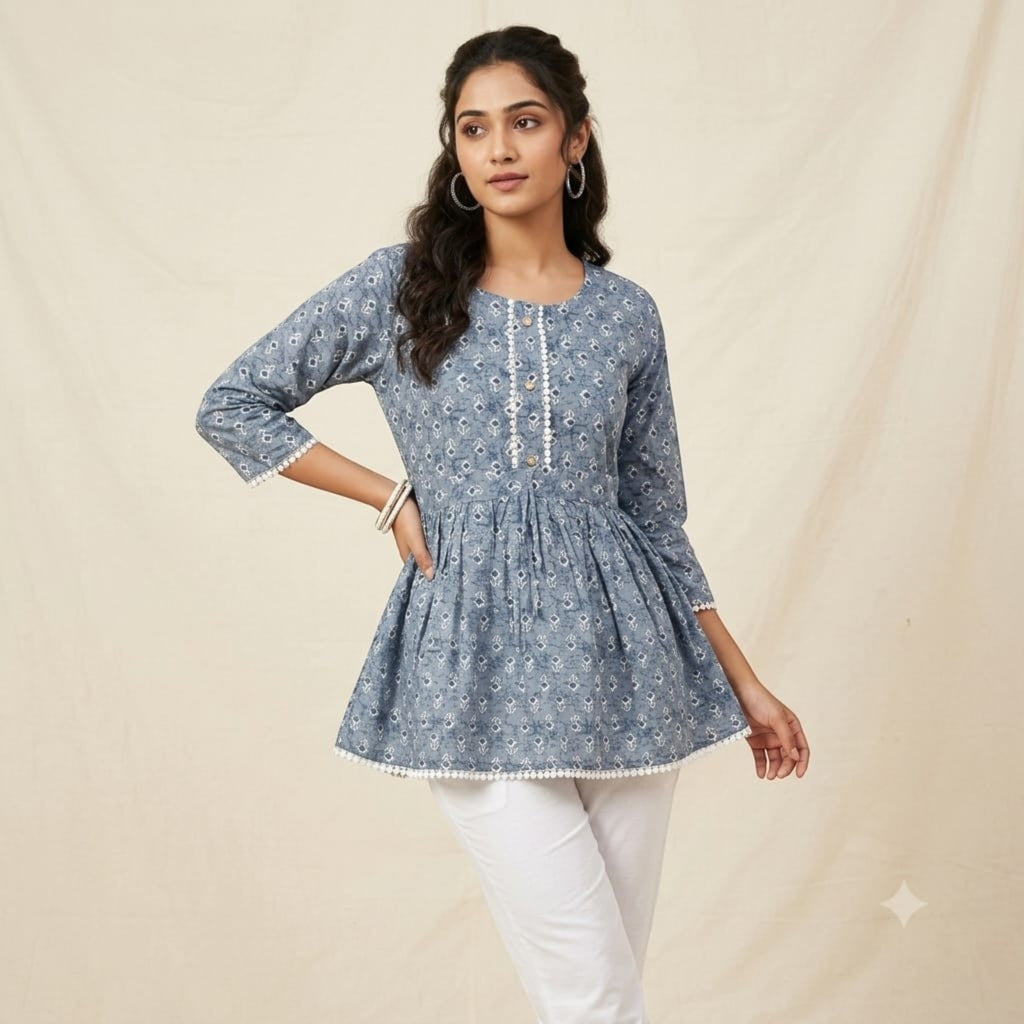 City Center premium blue printed short kurti with white lace trim and button detail worn by a woman with white pants
