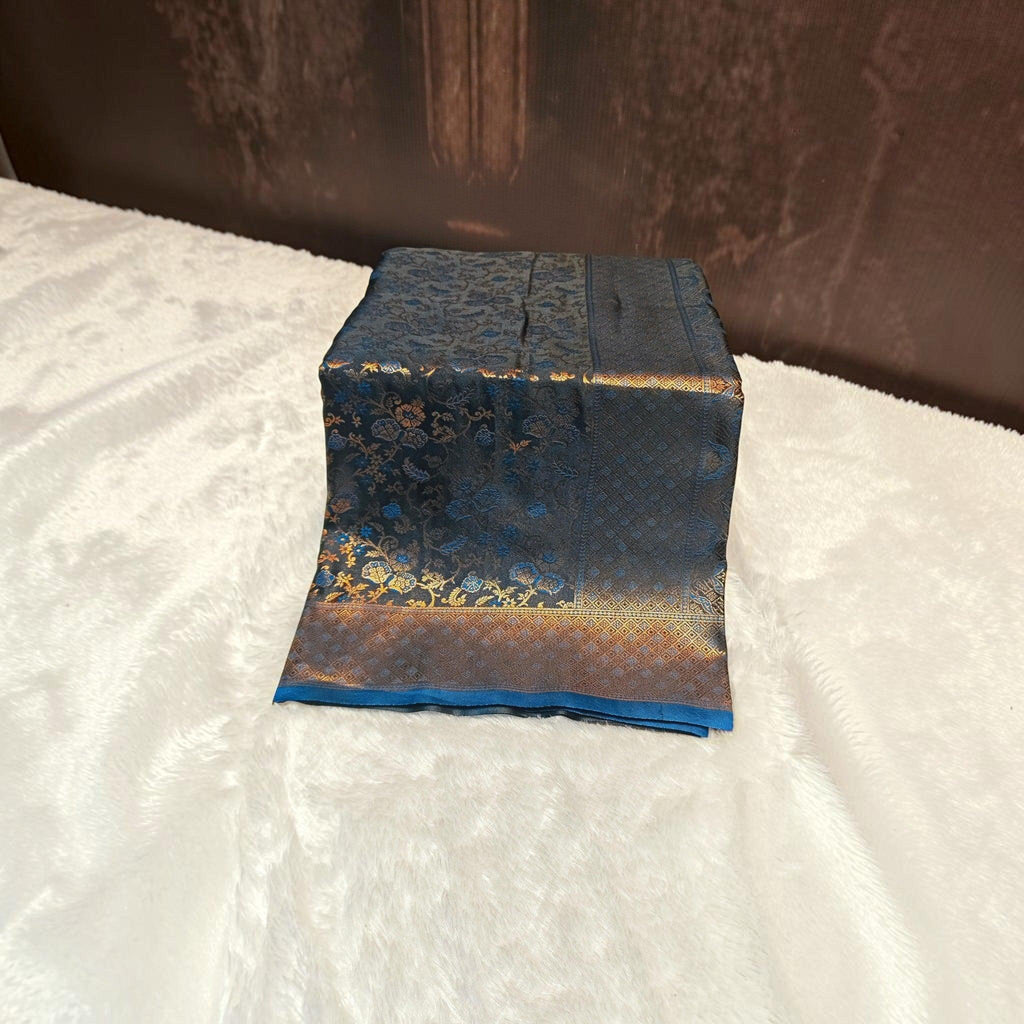 City Center satin silk saree in deep blue with intricate gold floral patterns and a wide metallic border