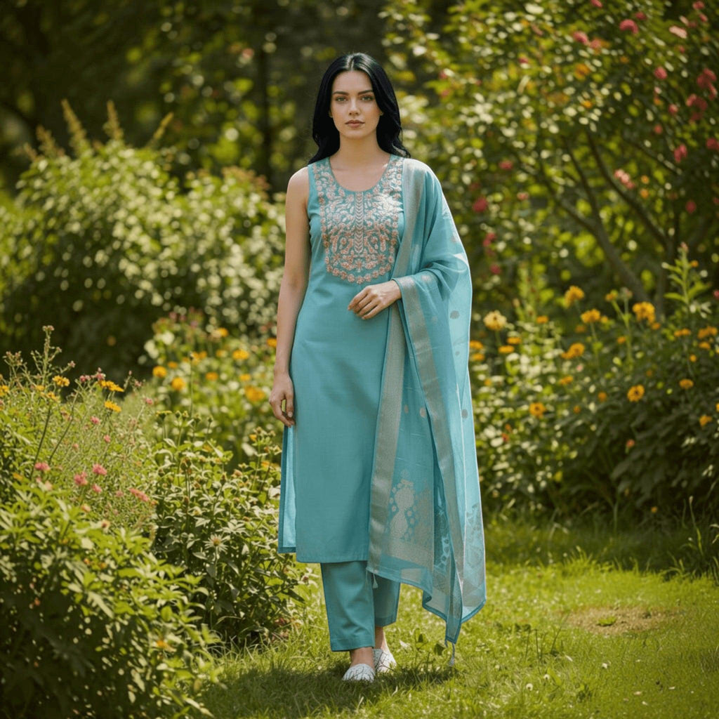 City Center blue cotton blend kurta set with intricate sequins embroidery, matching pants, and dupatta in a garden.