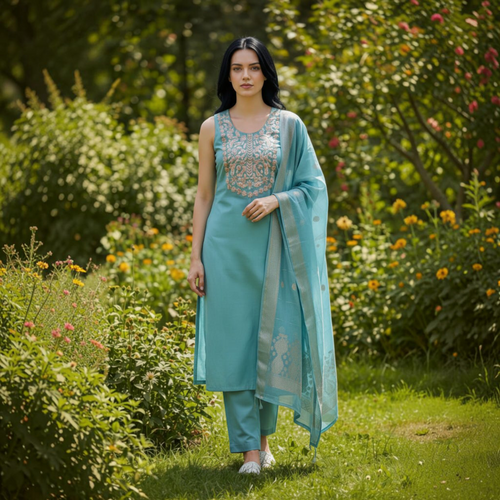City Center blue cotton blend kurta set with intricate sequins embroidery, matching pants, and dupatta in a garden.