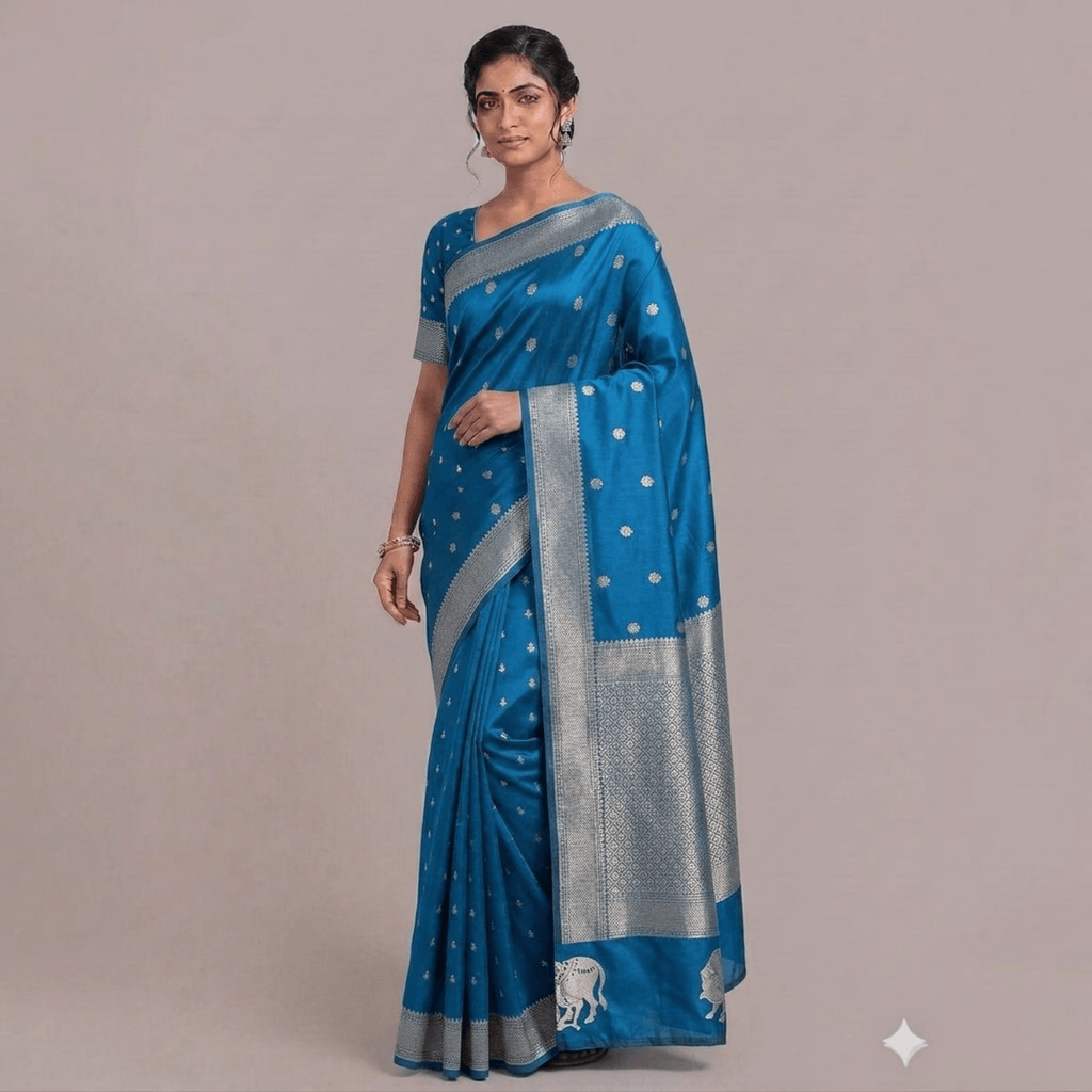 City Center blue silk Katpadar saree with intricate silver zari brocade border and traditional elephant motifs