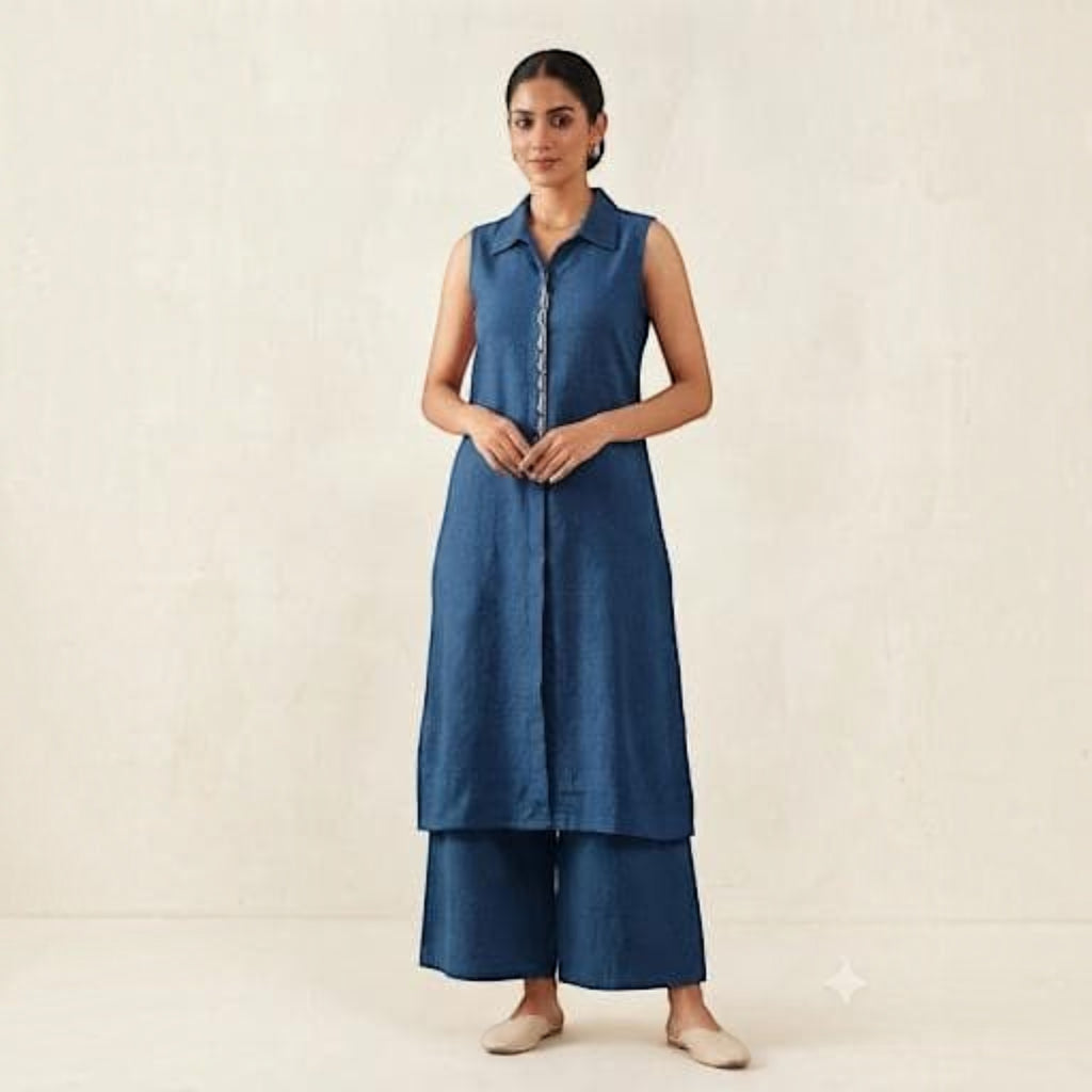 City Center premium blue sleeveless long shirt and wide-leg trouser co-ord set worn by a model