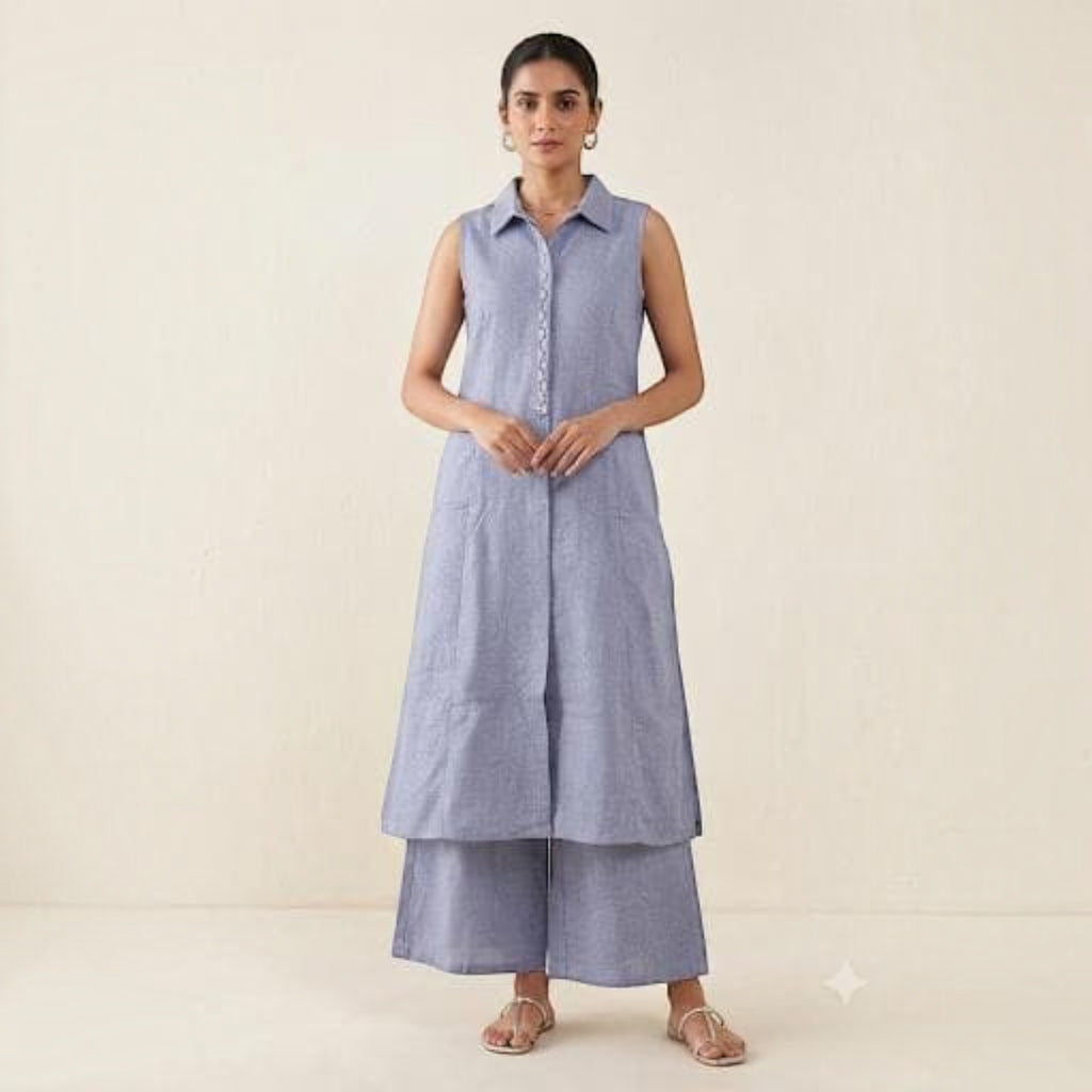 City Center premium blue sleeveless button-down tunic and wide-leg trouser co-ord set worn by a model