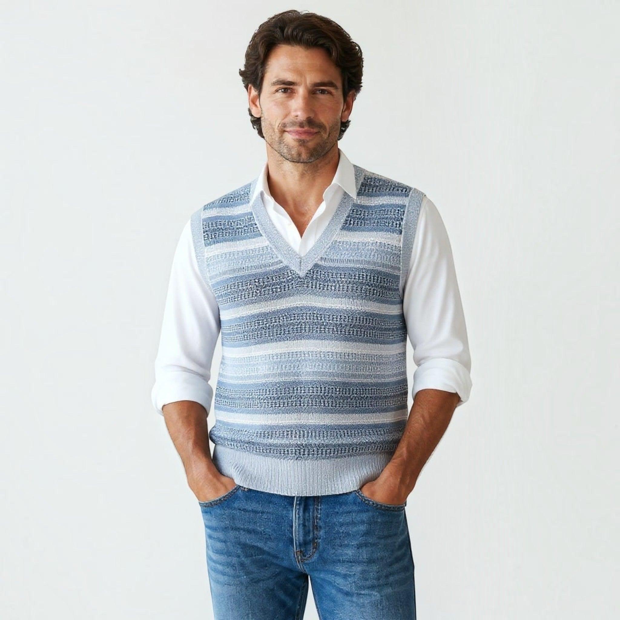 City Center Diamond Touch angora-blend sweater vest in blue and white stripes worn by a man over a white shirt.