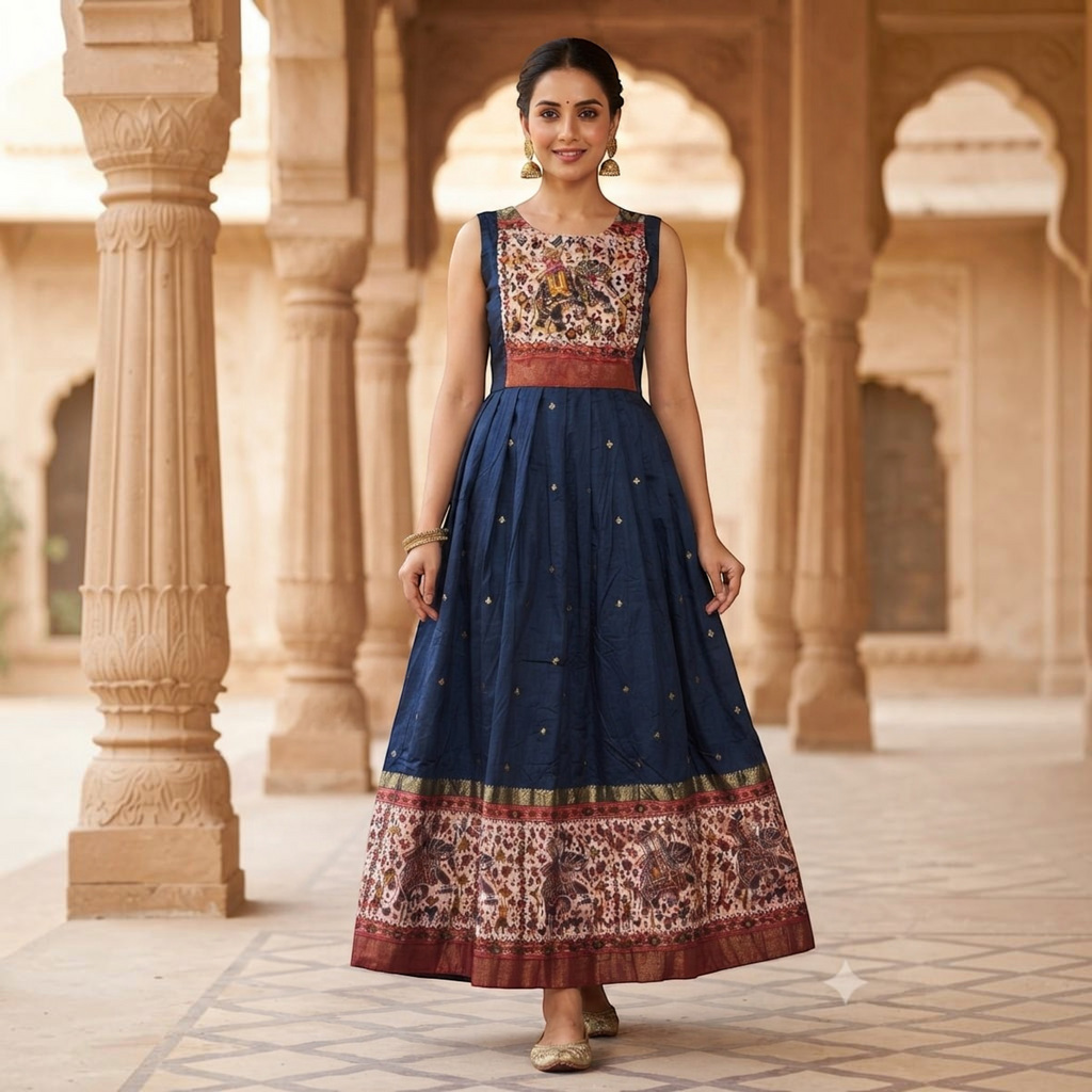 City Center blue traditional one-piece dress with floral print bodice and hem, worn by a woman in a stone courtyard.