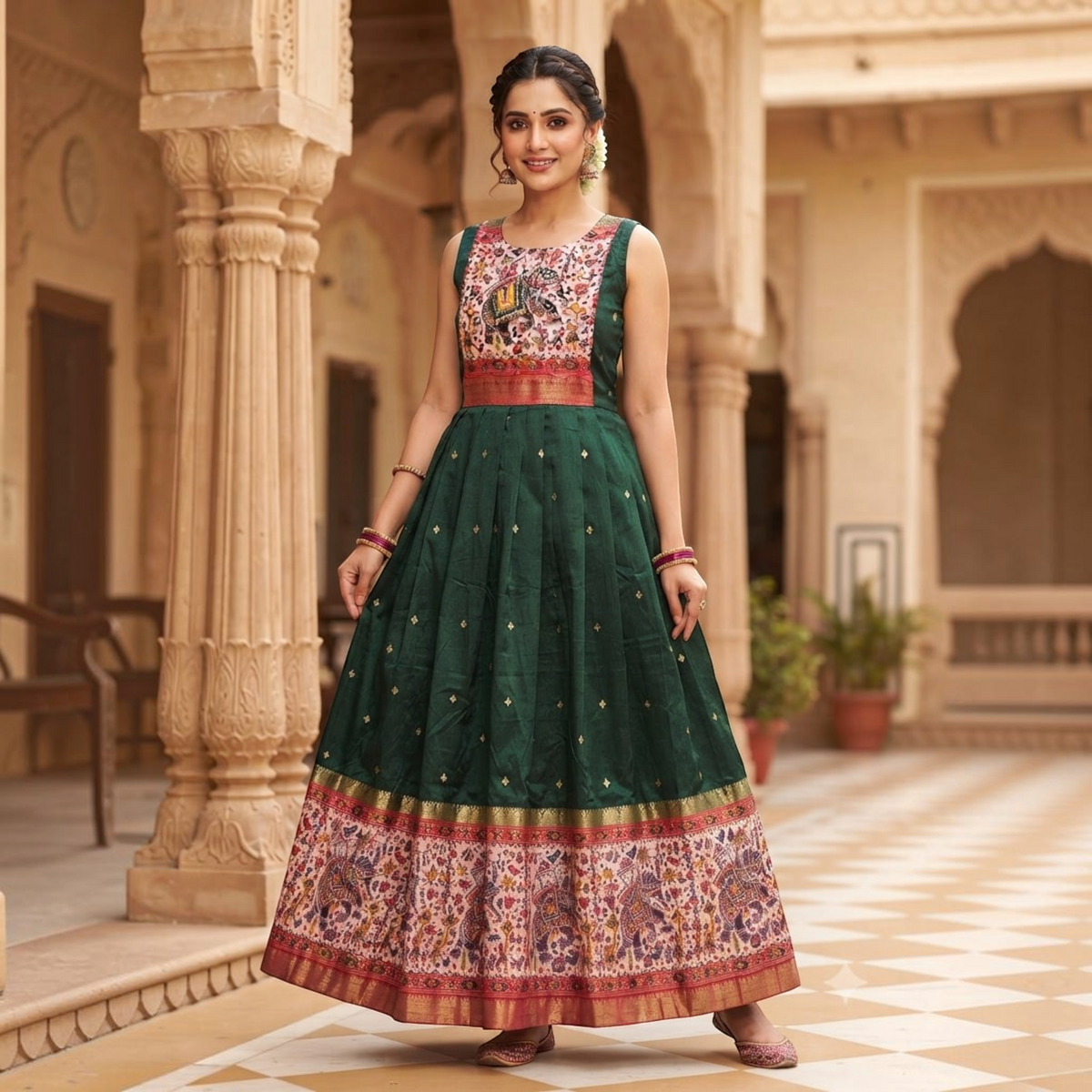 City Center blue traditional one-piece dress with floral and elephant print borders worn by a woman in a courtyard