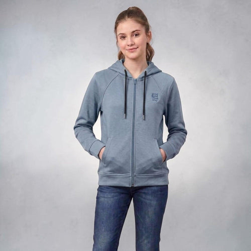 City Center blue full-zip hooded sweatshirt with raglan sleeves and good vibes only chest graphic worn by a woman