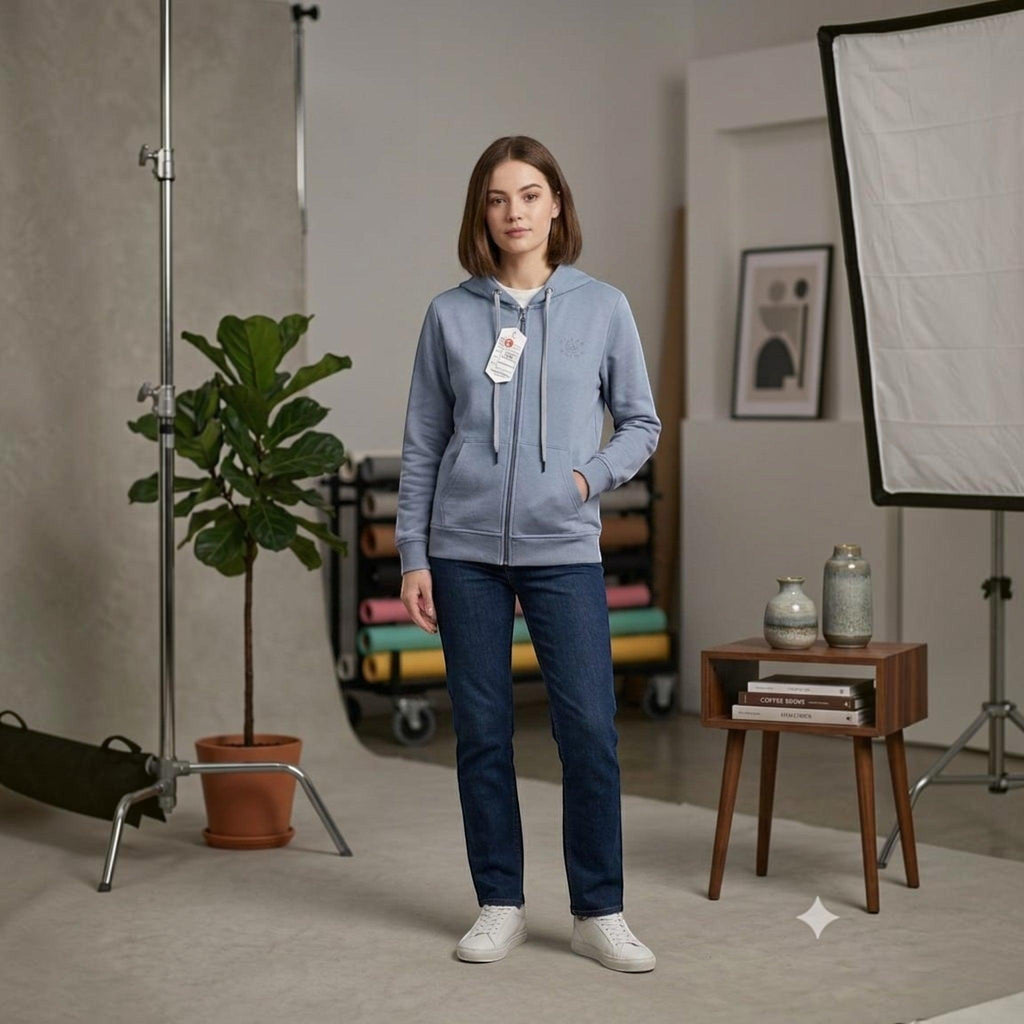 City Center blue full zip hooded sweatshirt worn by a woman with jeans and white sneakers in a studio setting.