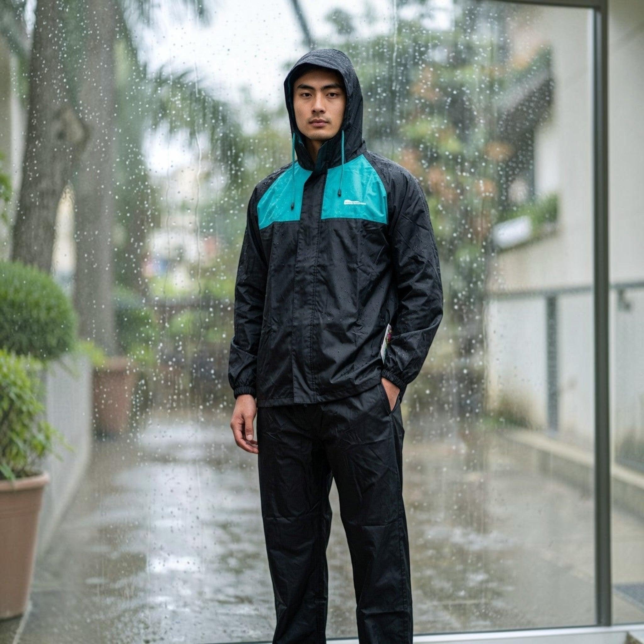 City Center Top In Town Little Wonder boys waterproof rain suit in black with teal accents and a hooded jacket
