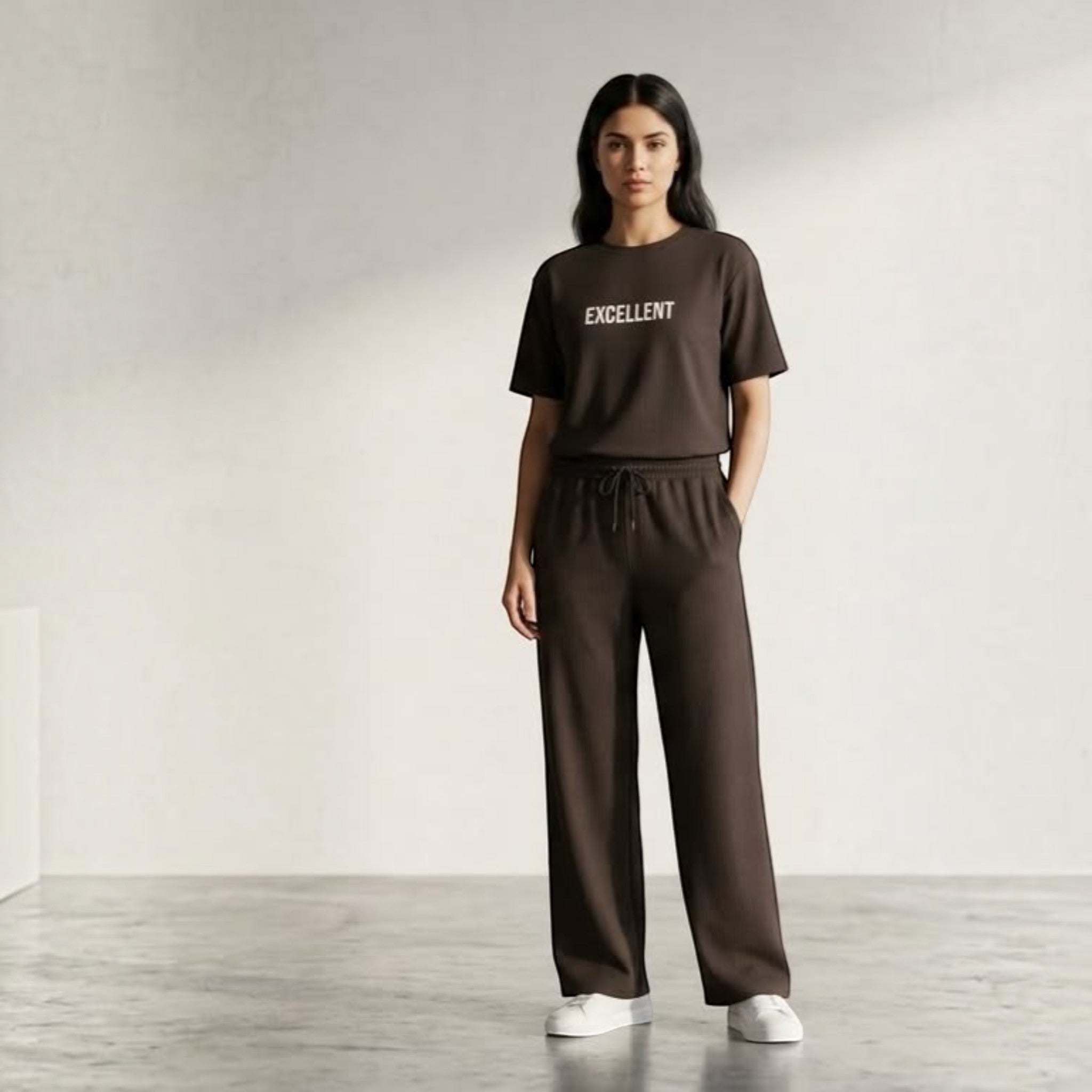 City Center Korean Airport cord set in dark brown featuring a ribbed t-shirt and matching wide-leg trousers.