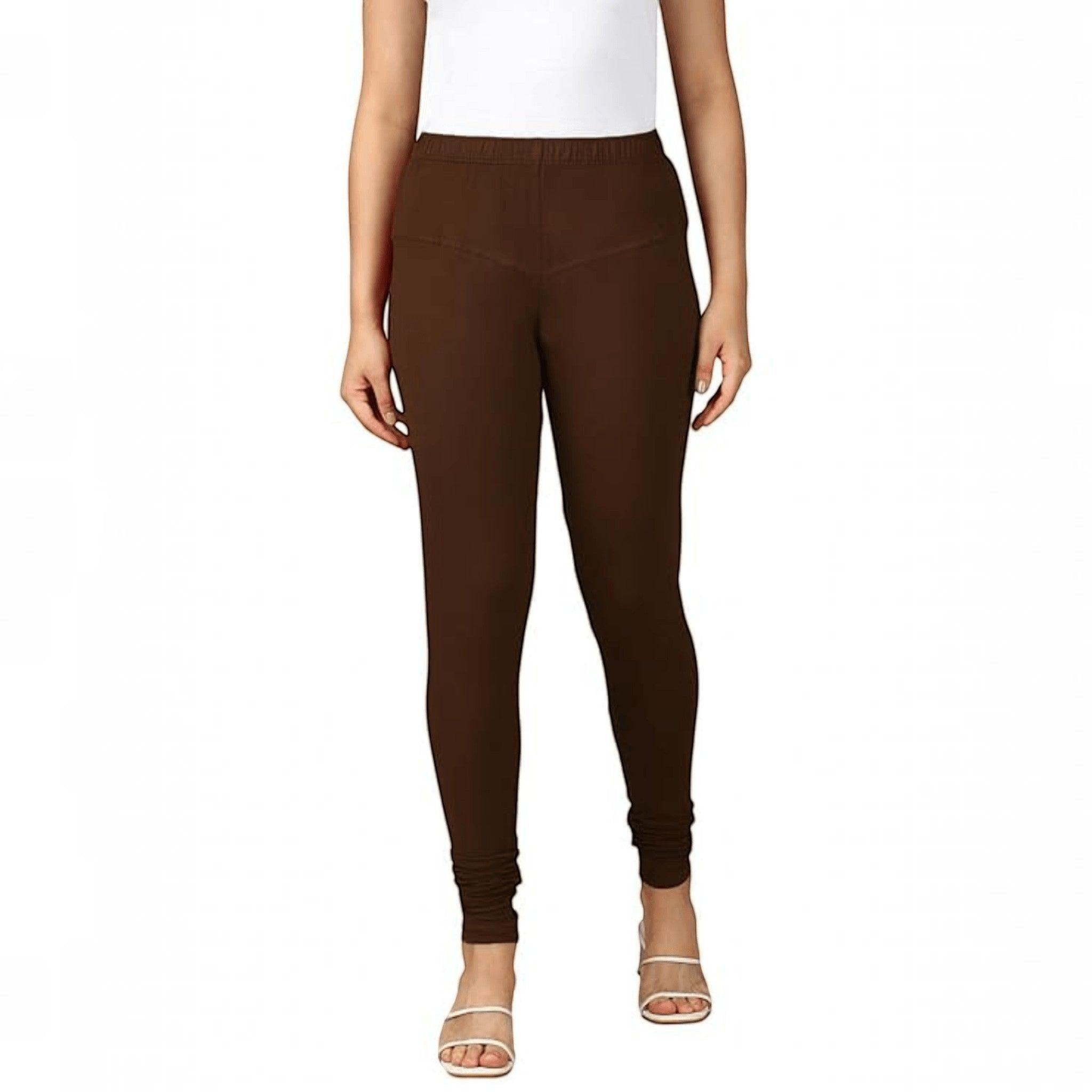 City Center brown cotton lycra churidar leggings for women with a comfortable pull-on fit and full-length design.