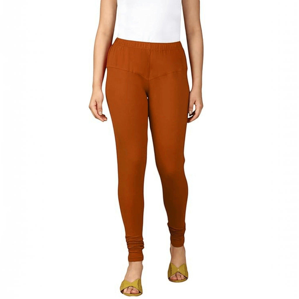 City Center brown cotton lycra churidar leggings for women with a comfortable pull-on fit.