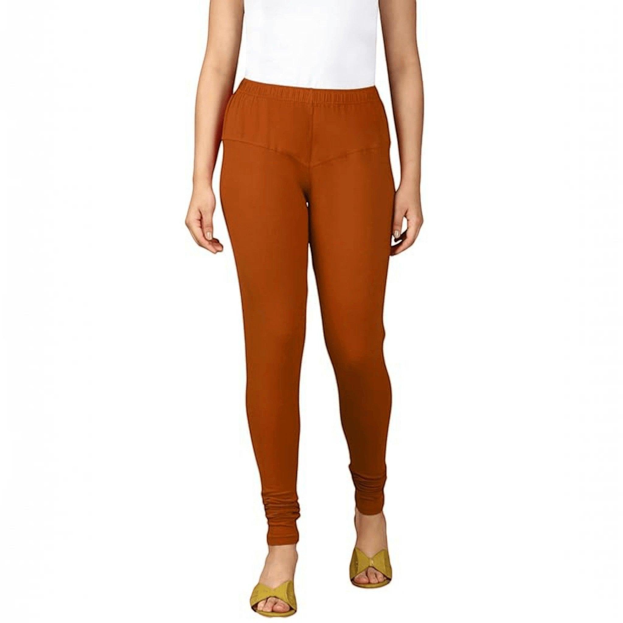 City Center brown cotton lycra churidar leggings for women with a comfortable pull-on fit.
