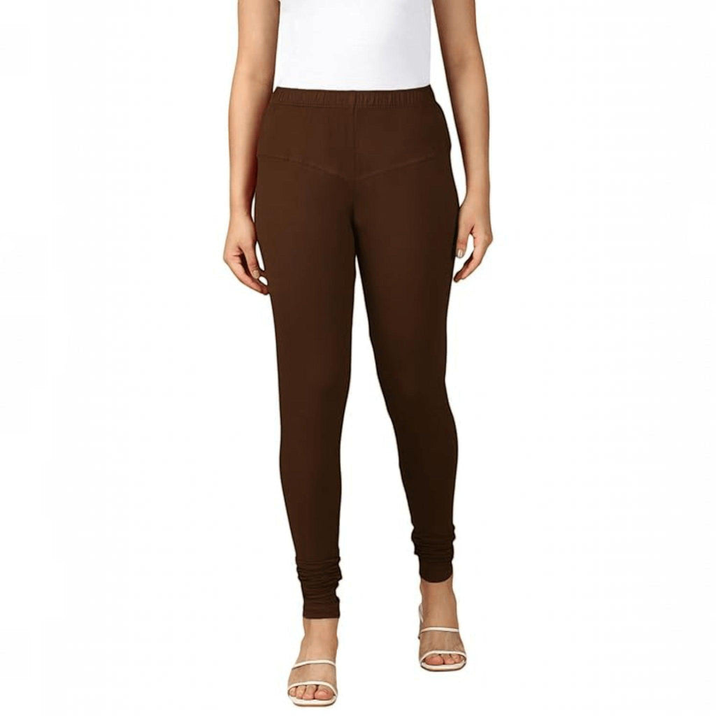 City Center brown cotton lycra churidar leggings for women with a comfortable pull-on fit and full-length design.