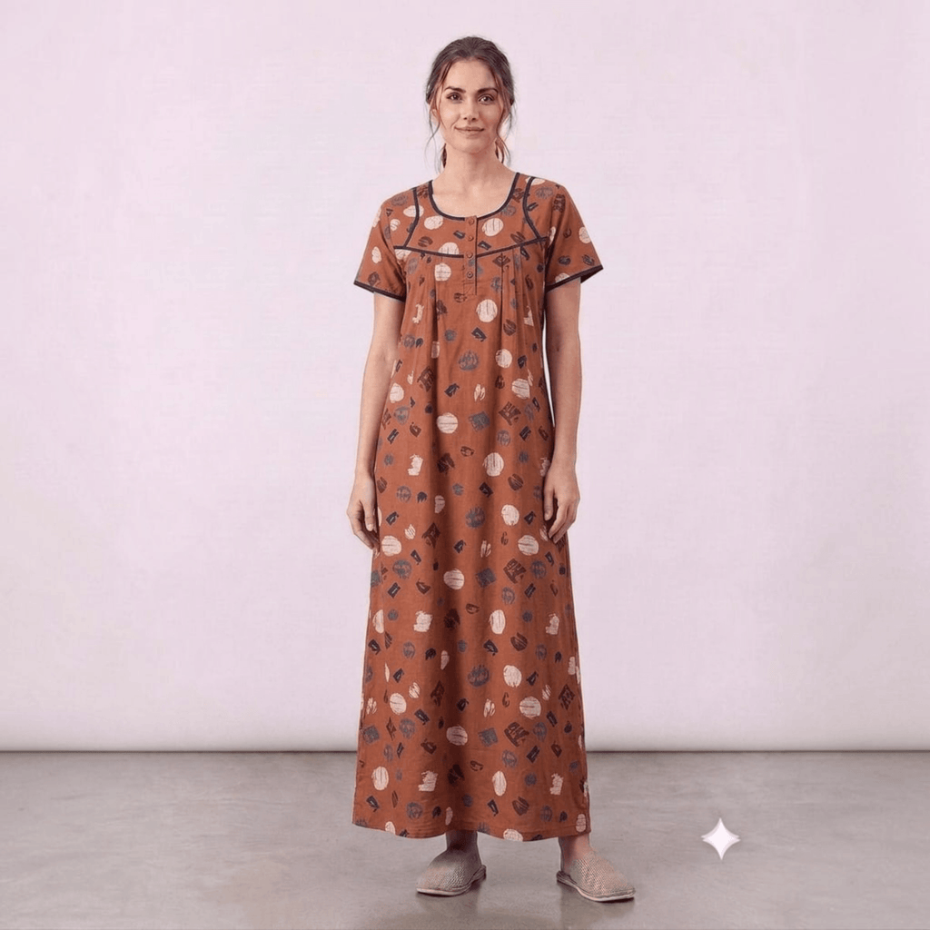 City Center women's brown cotton blend feeding gown with geometric print, round neck embroidery, and front pleats.