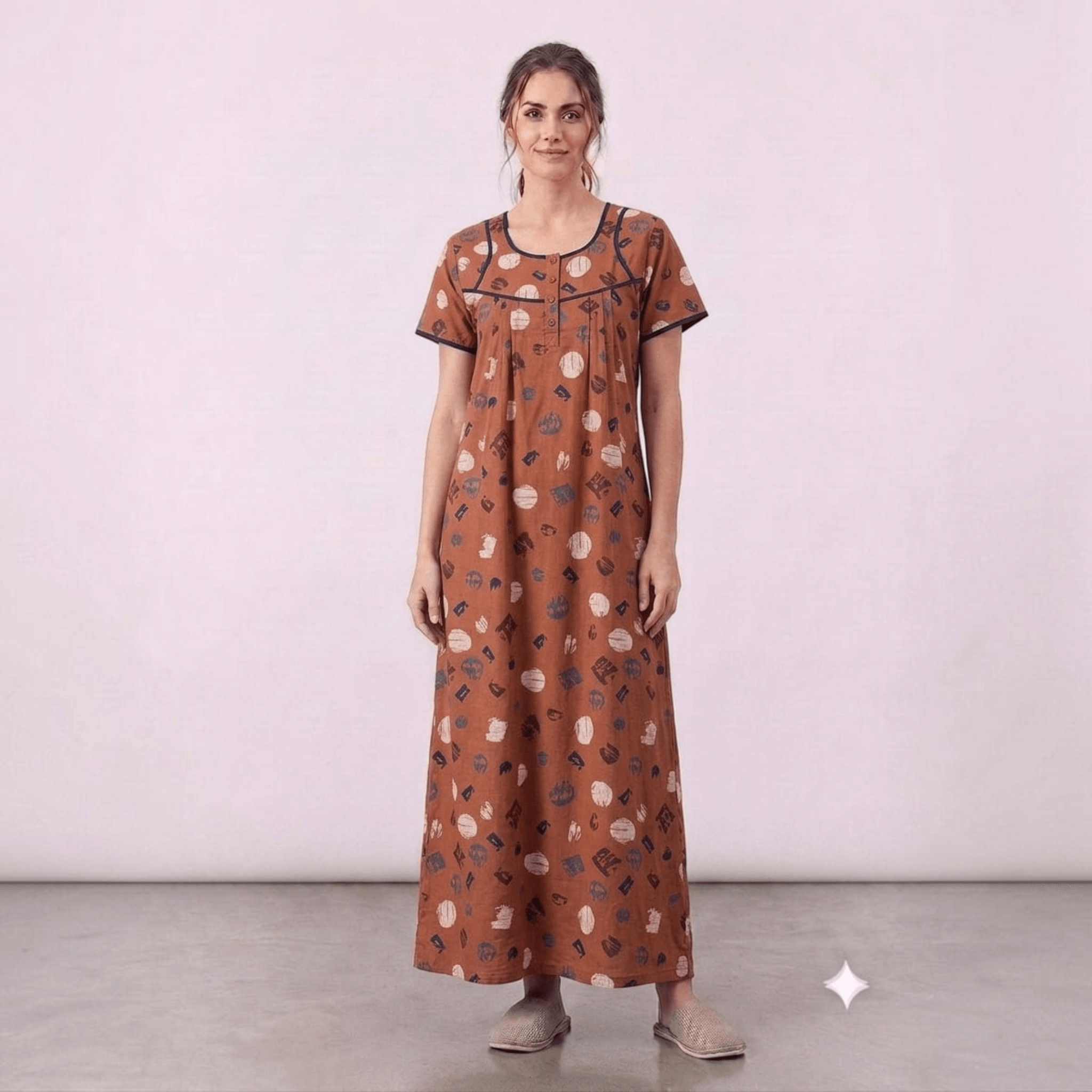 City Center women's brown cotton blend feeding gown with geometric print, round neck embroidery, and front pleats.