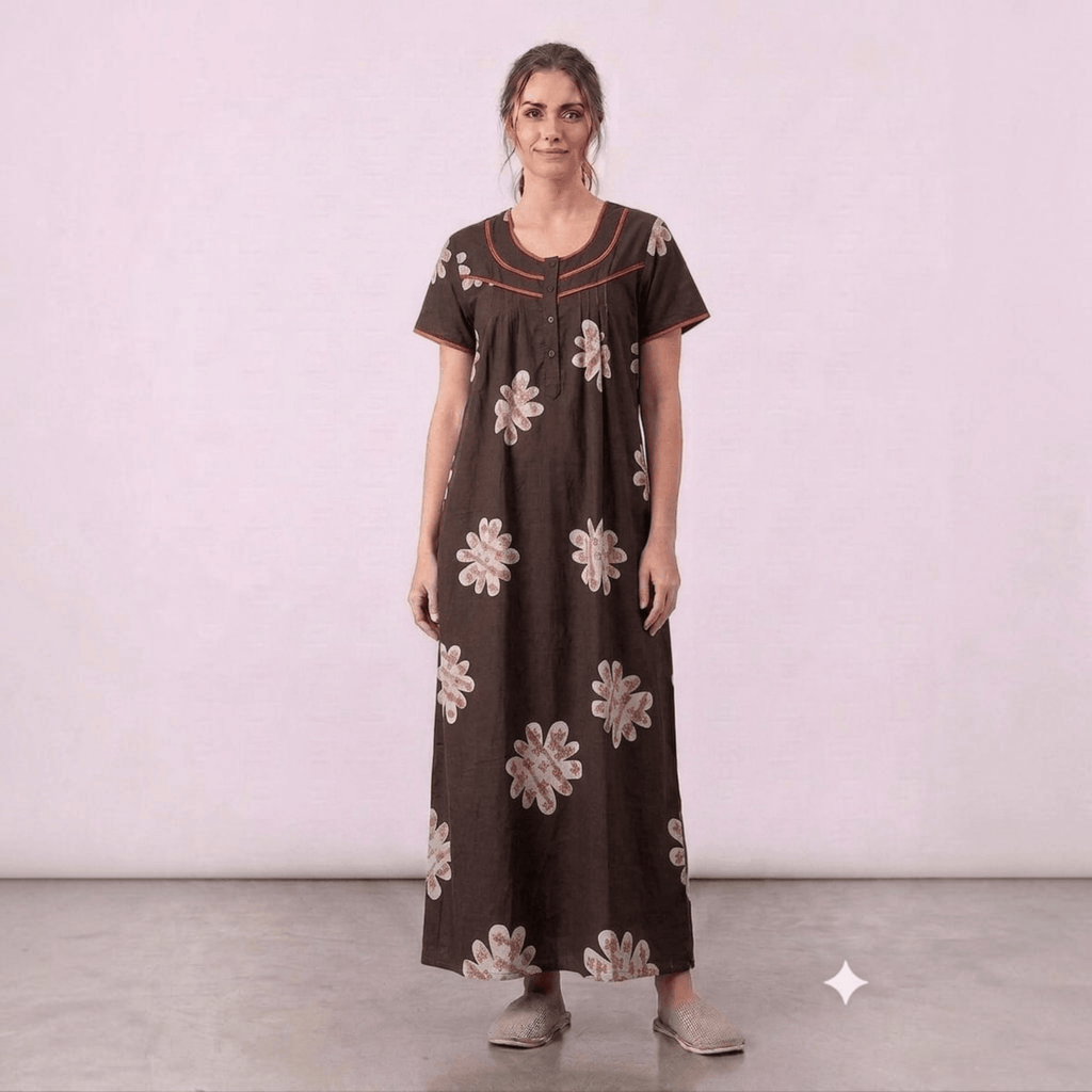City Center women's brown alpine fabric feeding gown with floral print, neck embroidery, and relaxed A-line fit.