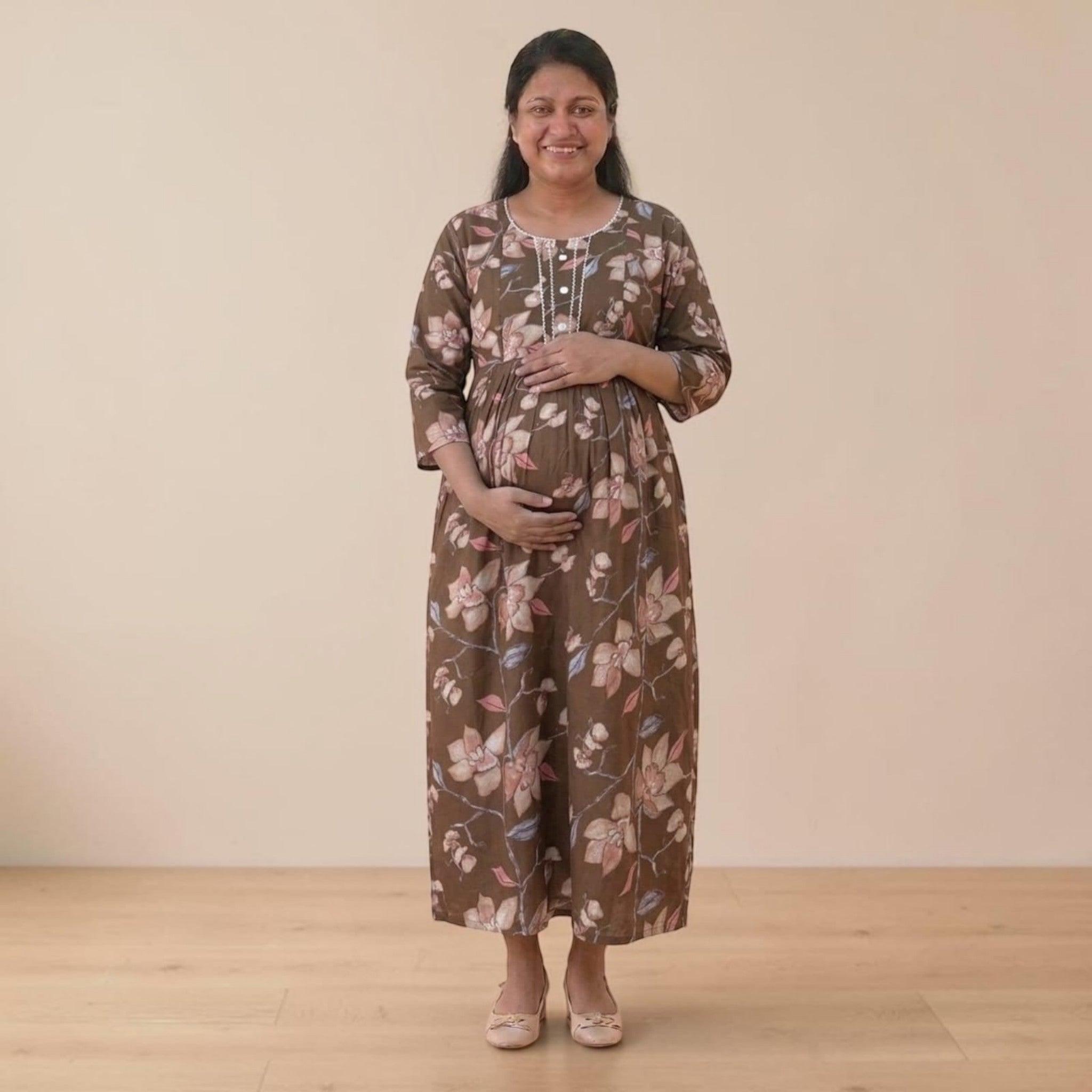 City Center maternity and nursing gown in brown floral cotton with concealed zippers for breastfeeding
