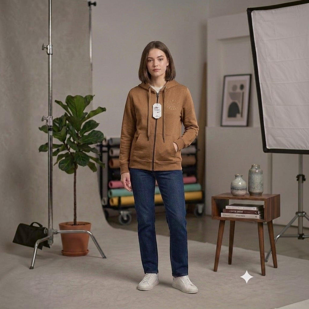 City Center brown full zip hoodie with drawstring hood and front pockets worn by a woman with jeans and sneakers