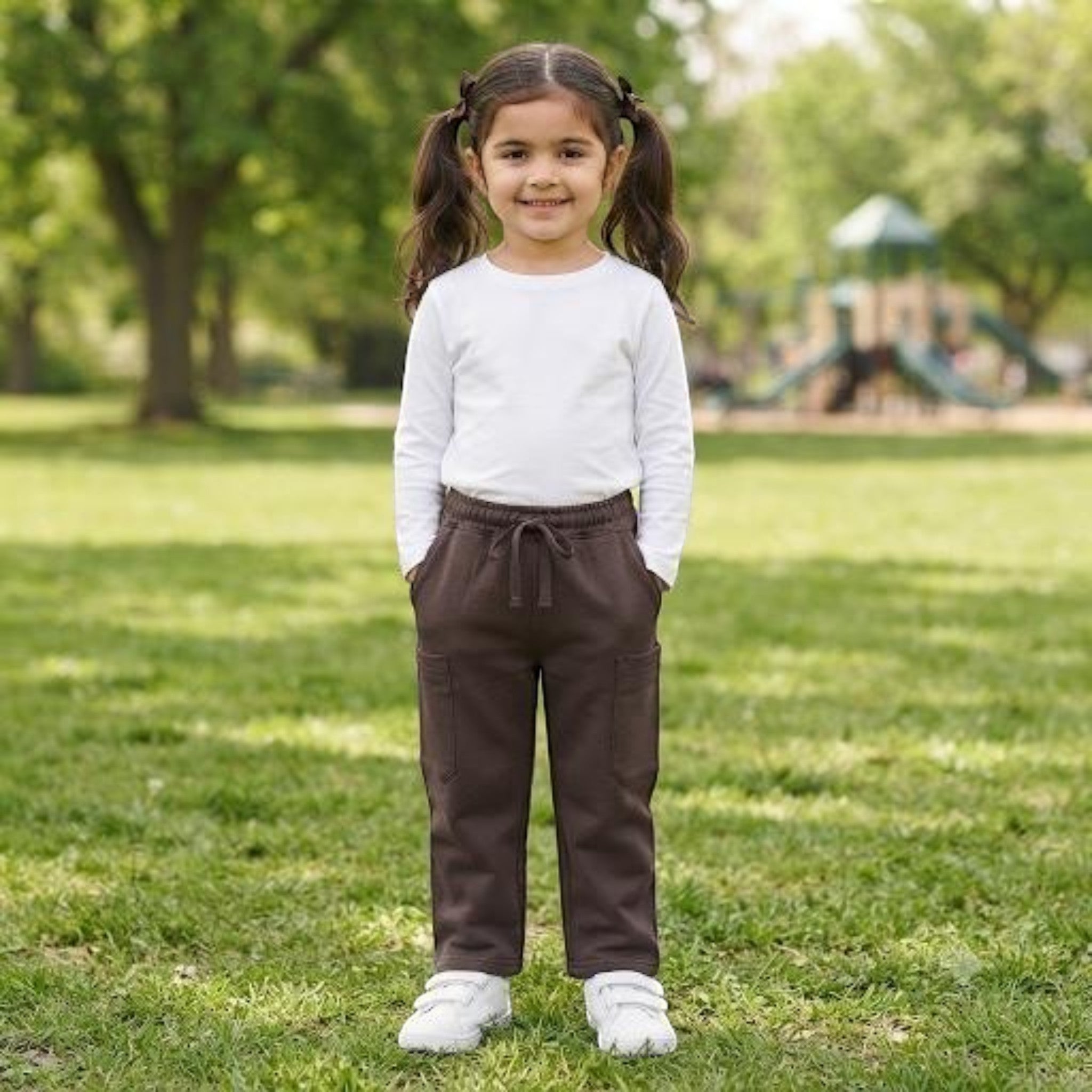 City Center girl wearing brown ethnic pants with an elasticated waistband and pockets in a park setting