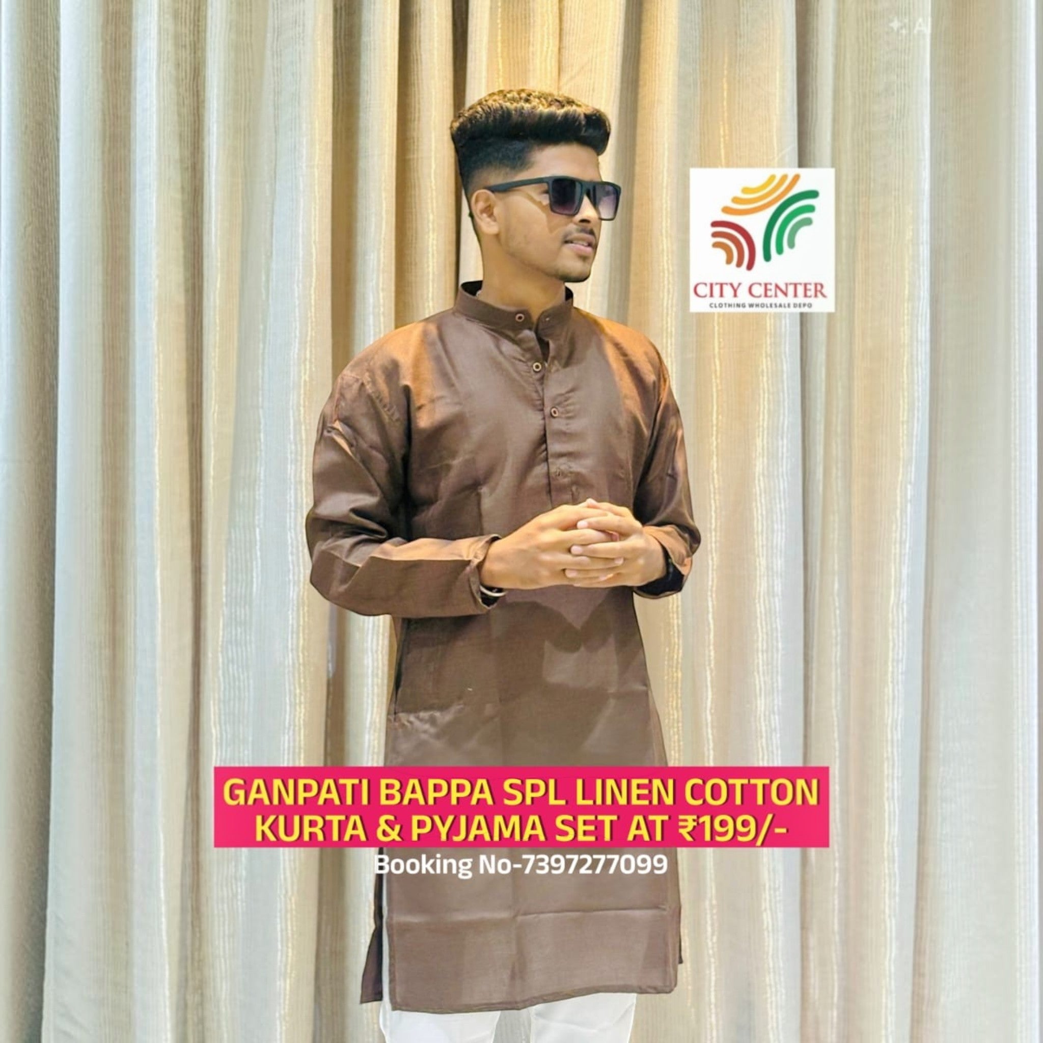 City Center men's brown linen cotton kurta paired with white pants for Ganesh Chaturthi festive celebrations