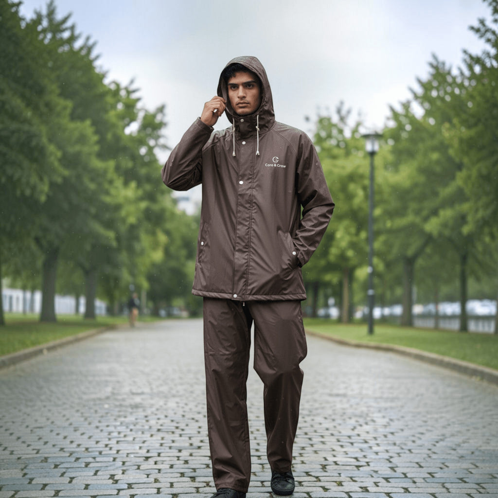 City Center brown waterproof raincoat set with hood worn by a man walking on a cobblestone path in a park