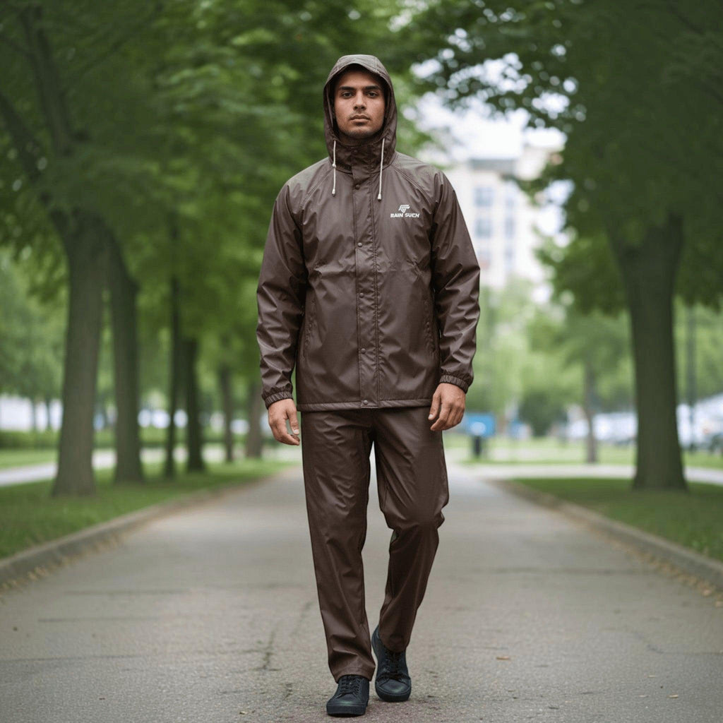 City Center waterproof brown raincoat set with hood worn by a man walking on a tree-lined path