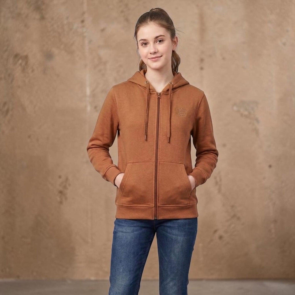 City Center brown full zip hooded sweatshirt with drawstring hood and front pockets worn by a smiling young woman.