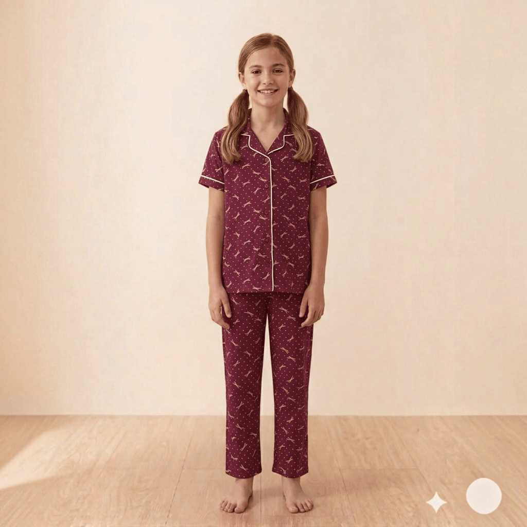 City Center girls burgundy pajama set with gold animal print, button-down shirt, and contrast piping
