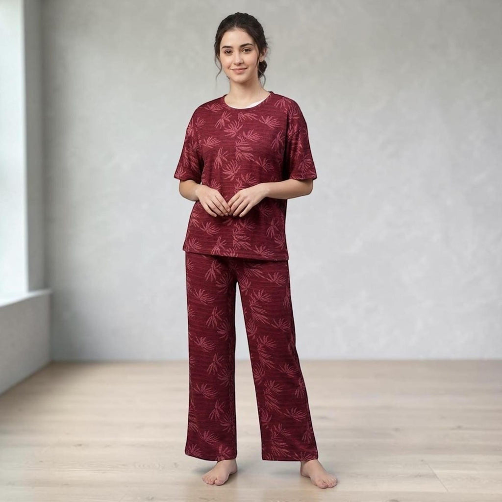 City Center women's burgundy short sleeve pajama set with a nature-inspired leaf print and relaxed wide-leg fit.