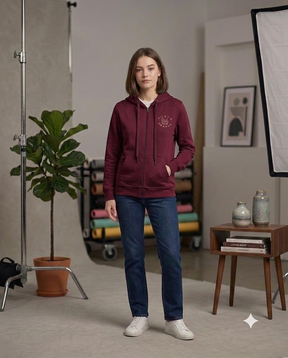City Center burgundy full-zip hooded sweatshirt with raglan sleeves and good vibes only chest graphic on a model.