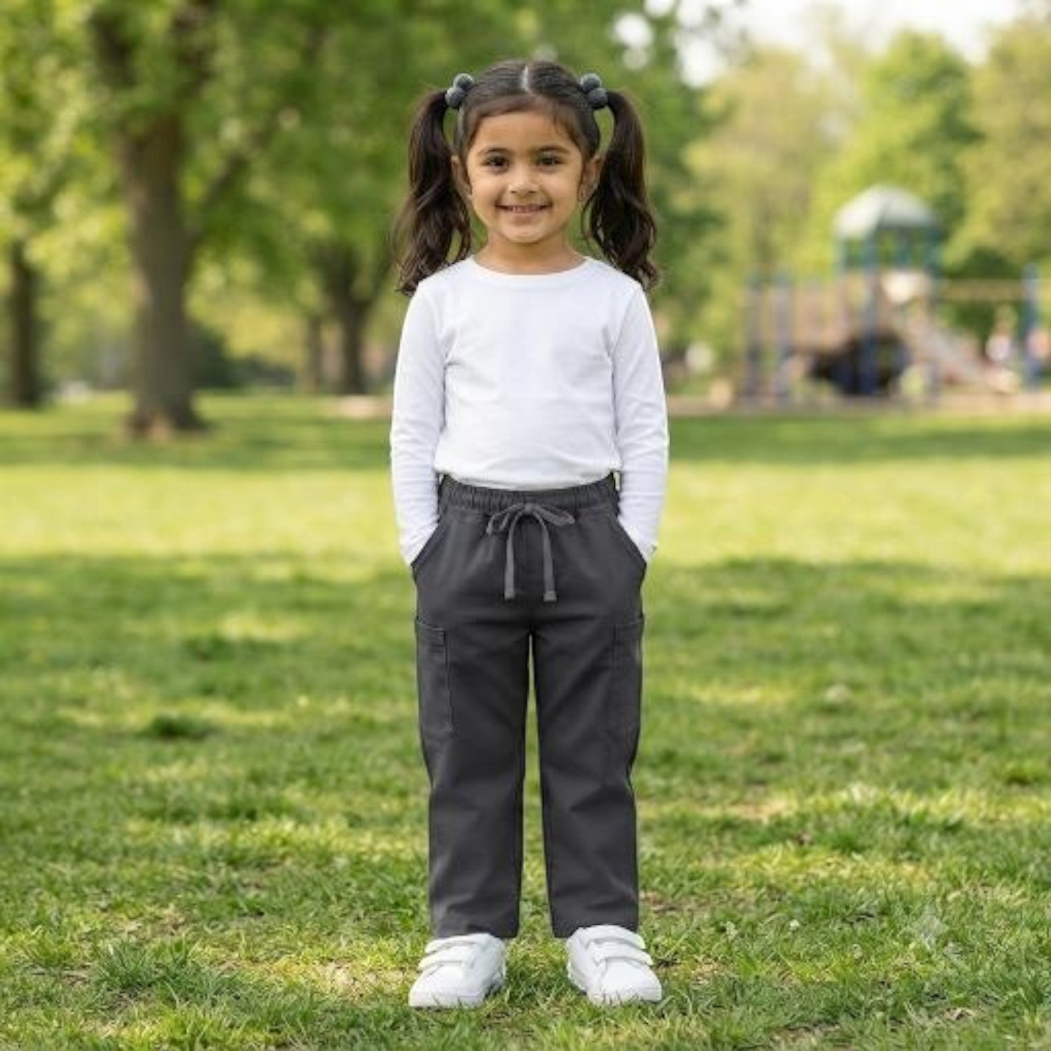 City Center girl wearing charcoal grey ethnic pants with an elasticated drawstring waist in a park setting
