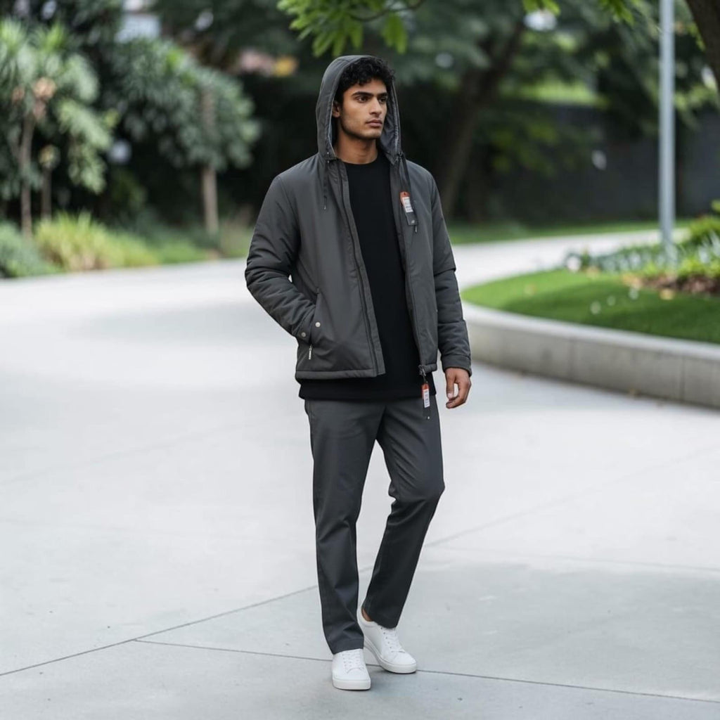 City Center men's charcoal grey lightweight hooded jacket worn by a model with matching trousers and white sneakers.