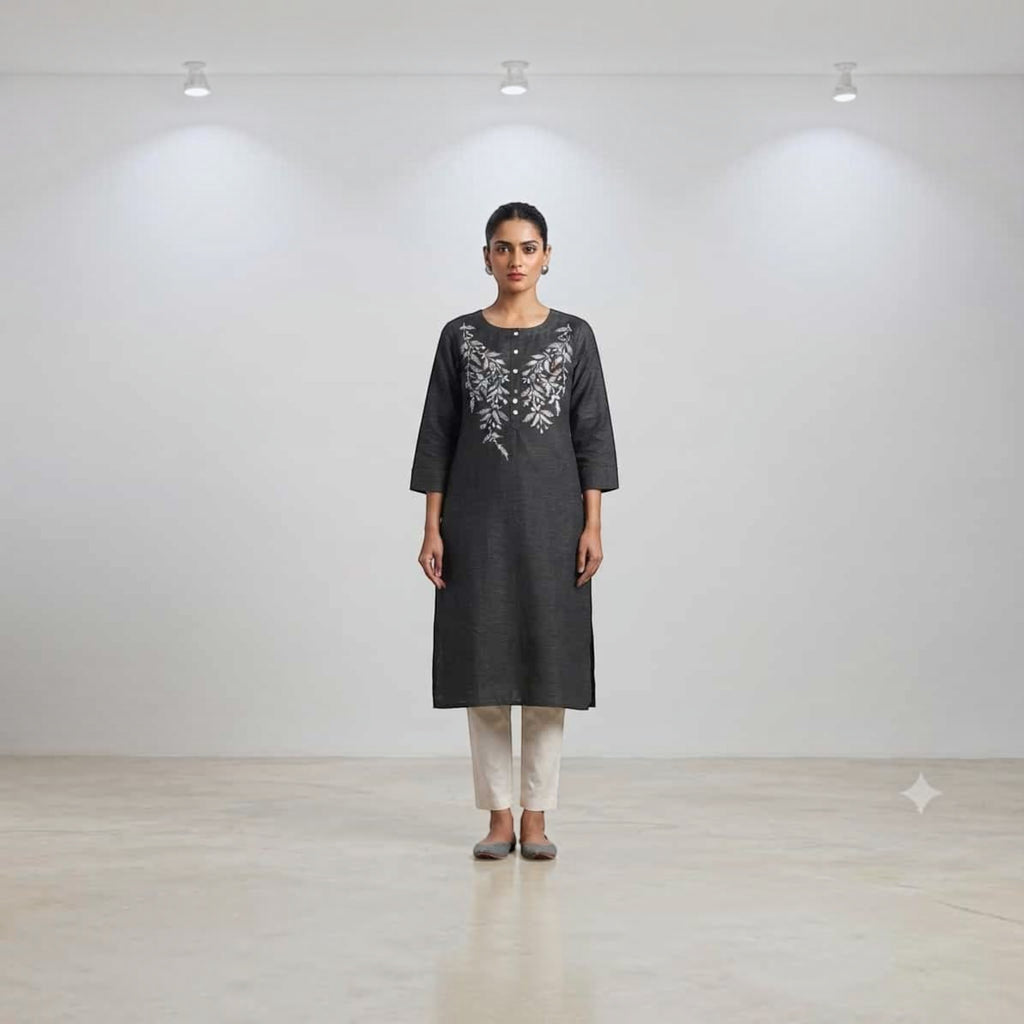 City Center Premium Lodgy Kurti in charcoal grey with white floral embroidery, paired with light trousers.