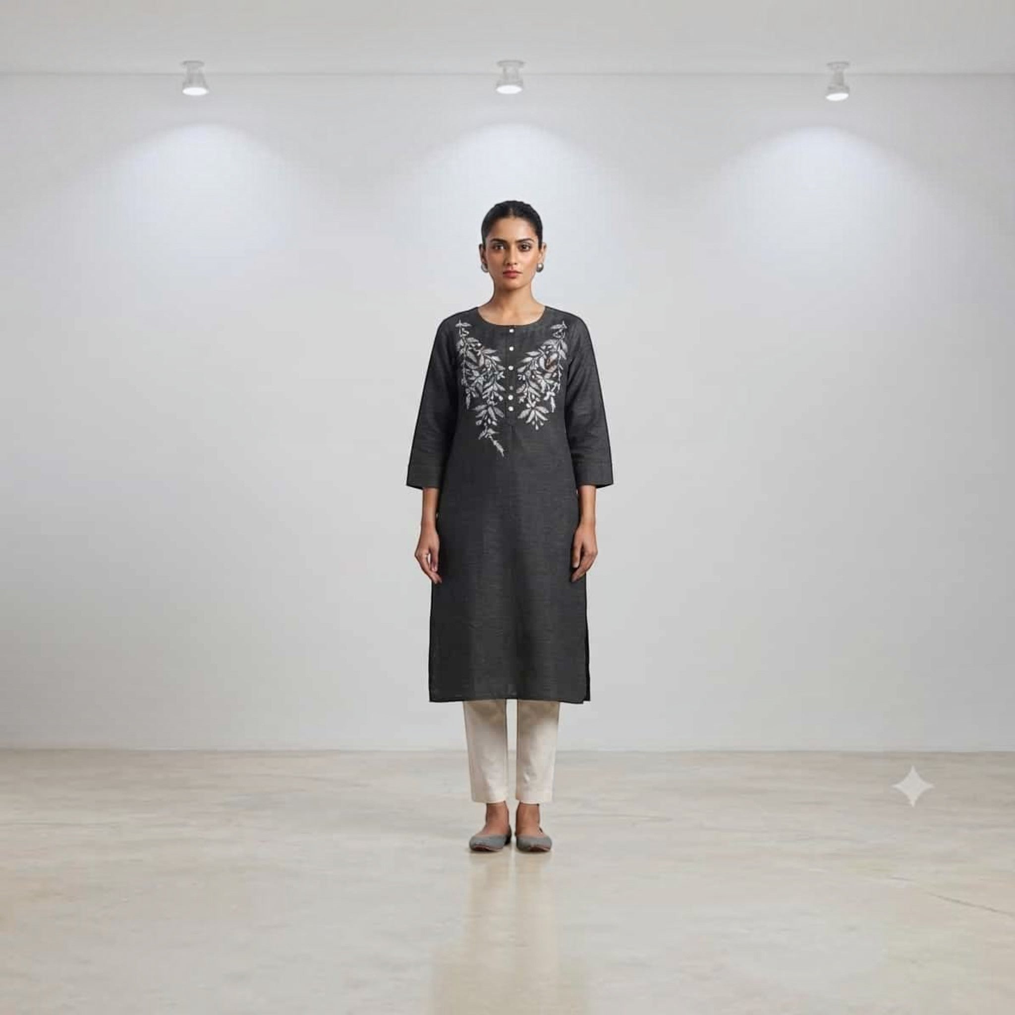 City Center Premium Lodgy Kurti in charcoal grey with white floral embroidery, paired with light trousers.