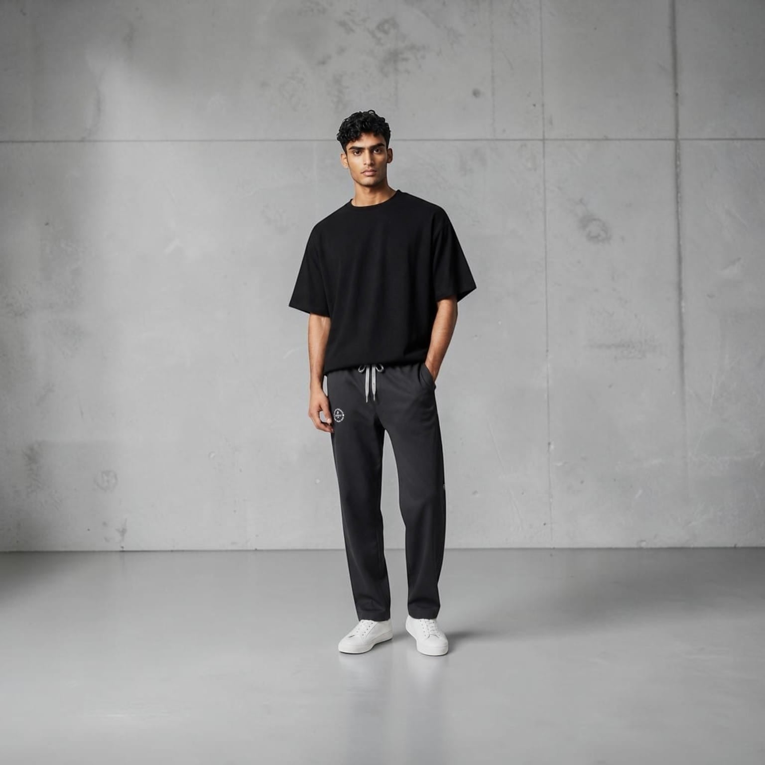 City Center casual track pants in charcoal grey with an elastic waistband and deep pockets worn by a male model.