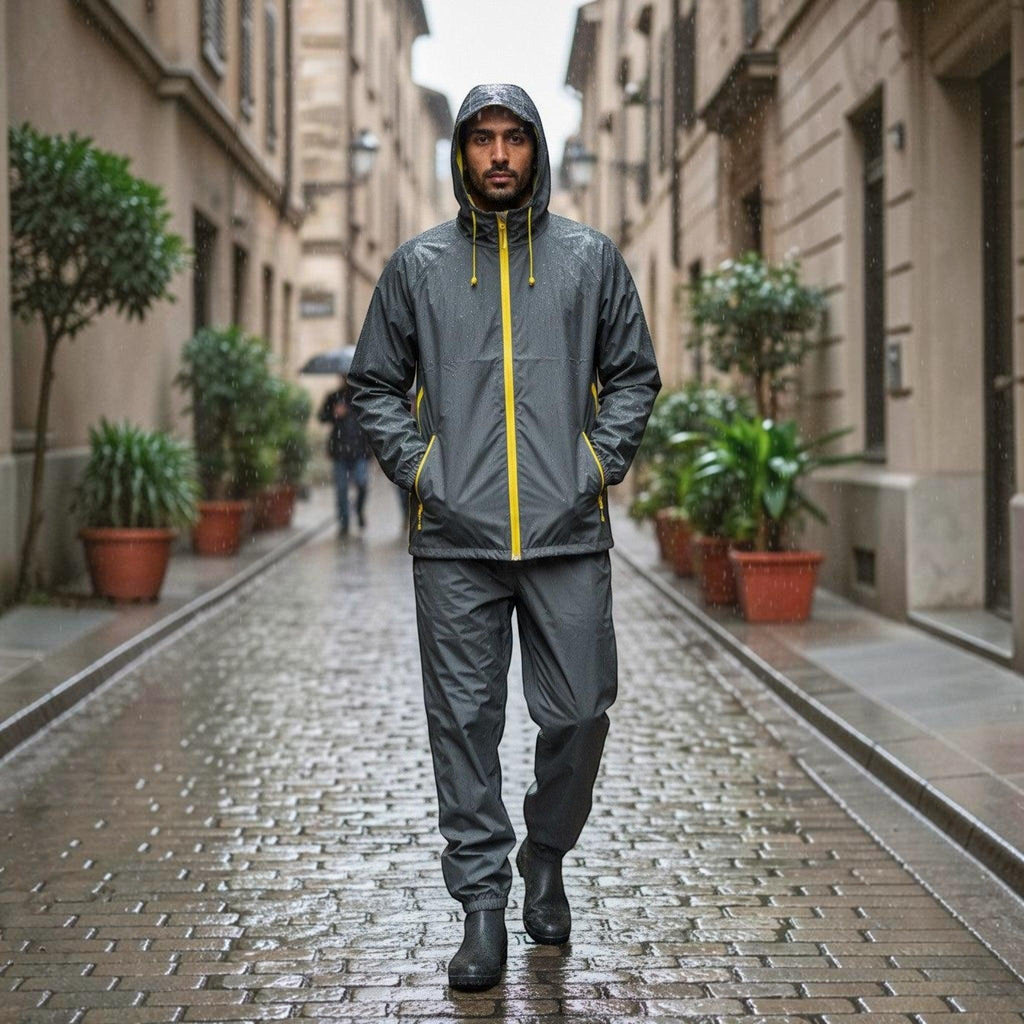 City Center waterproof rainsuit in charcoal grey with yellow zipper details, worn by a man on a rainy city street.