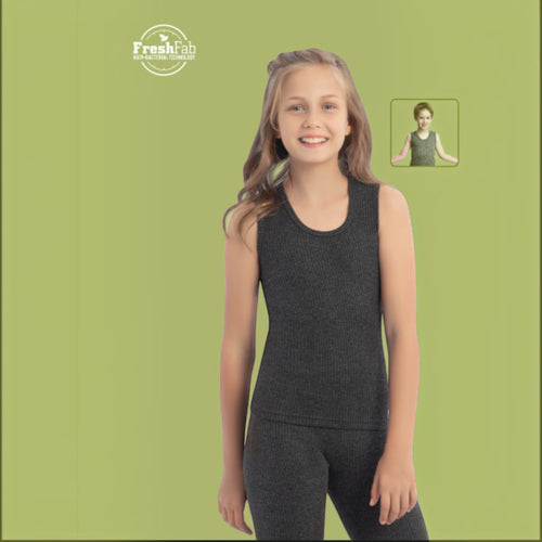 City Center Body Care Kids Art No. 305 charcoal grey ribbed sleeveless base layer set worn by a smiling young girl