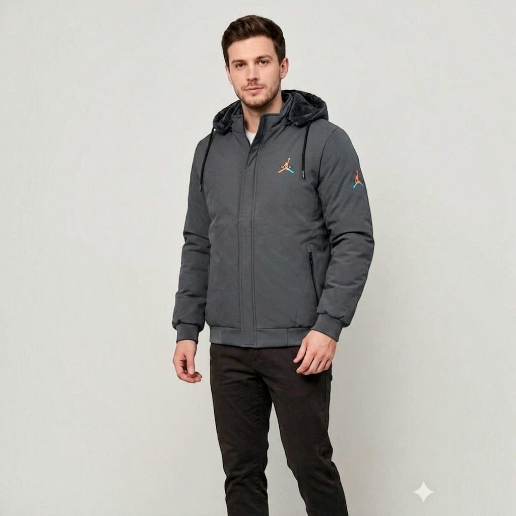 City Center men's charcoal grey weather-shield jacket with a detachable hood and warm woolen lining on a male model.