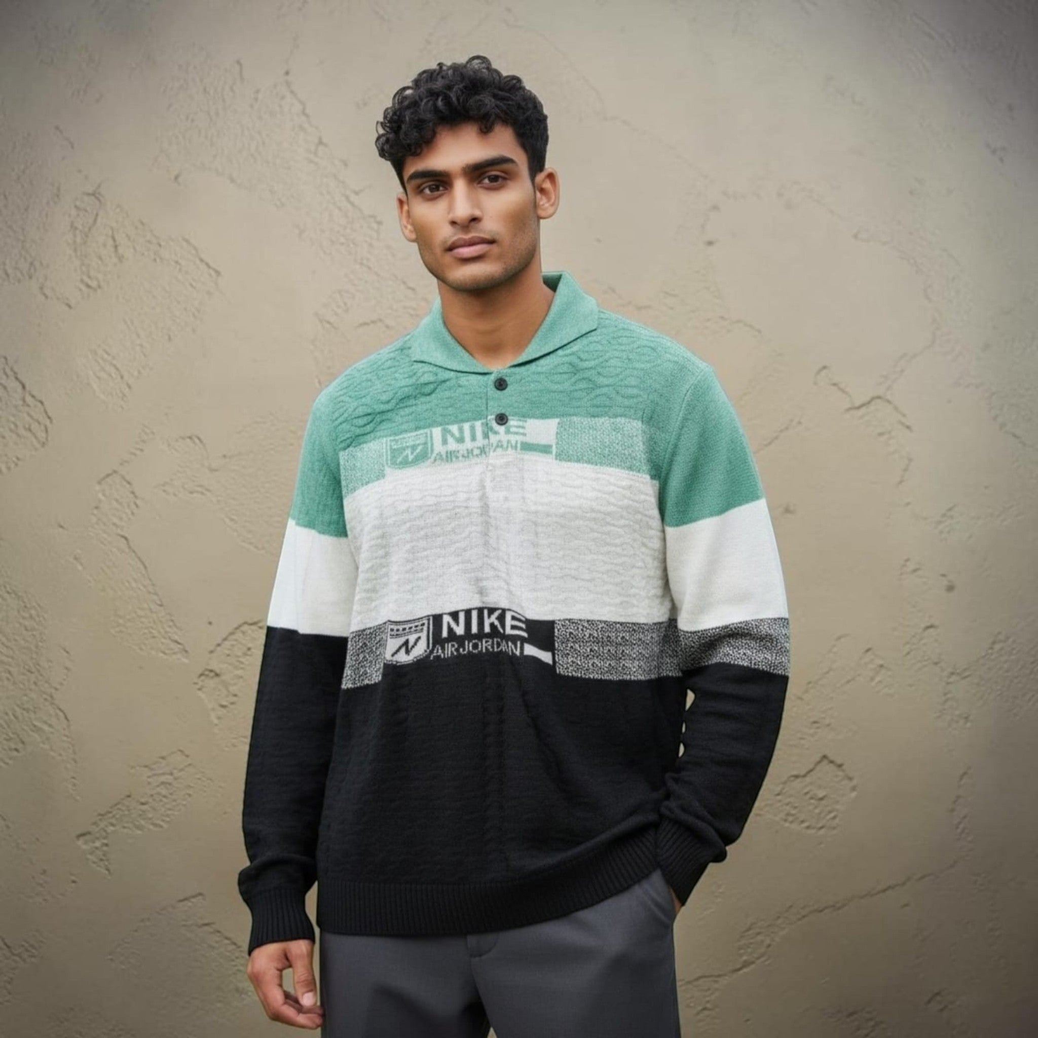 City Center men's color-block knit polo sweater with textured pattern, button placket, and ribbed cuffs