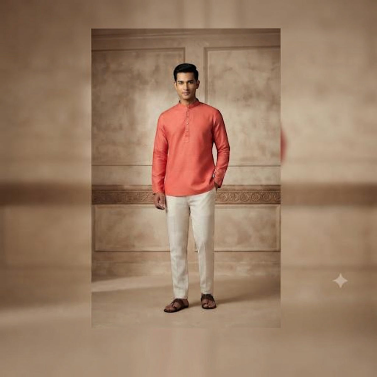 City Center men's coral short kurta with a mandarin collar paired with cream trousers and brown sandals.
