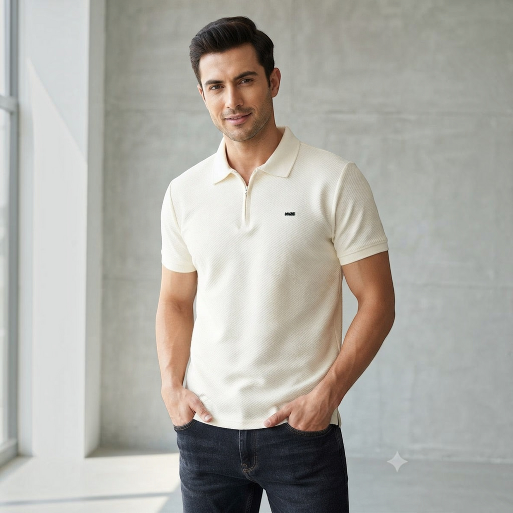 City Center M-Line men's cream textured polo shirt with a quarter-zip collar worn by a man in a studio setting.