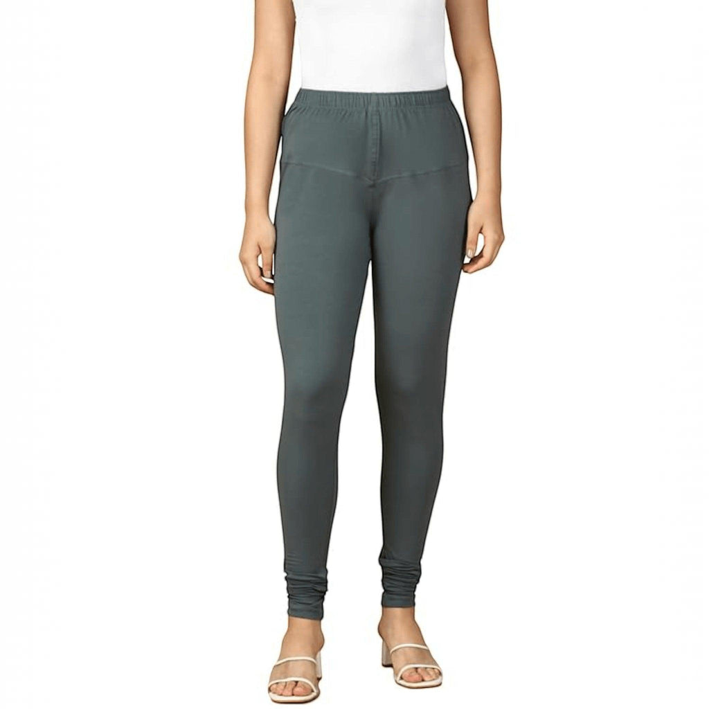 City Center dark grey solid cotton lycra churidar leggings for women with a comfortable pull-on elastic waistband.