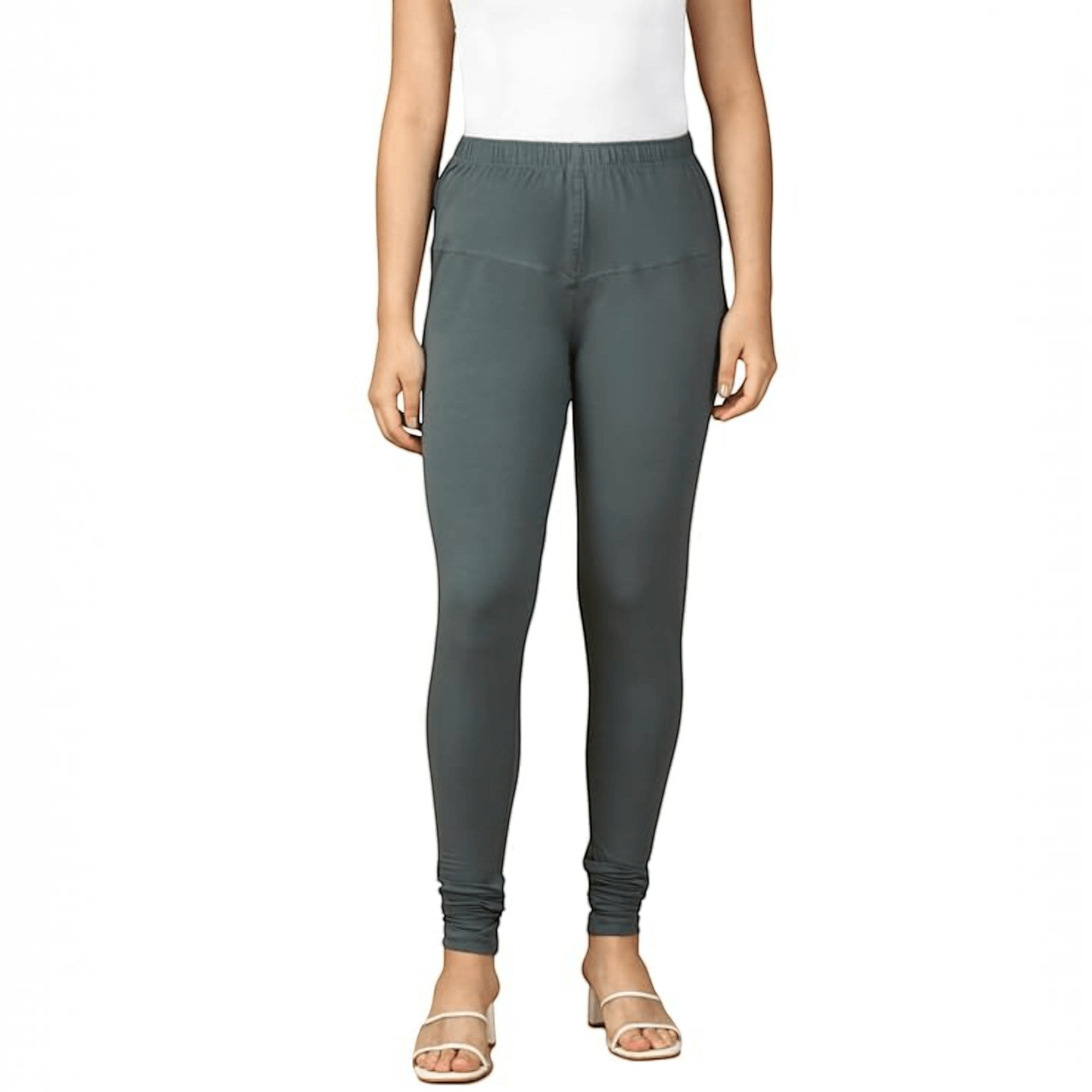 City Center dark grey solid cotton lycra churidar leggings for women with a comfortable pull-on elastic waistband.