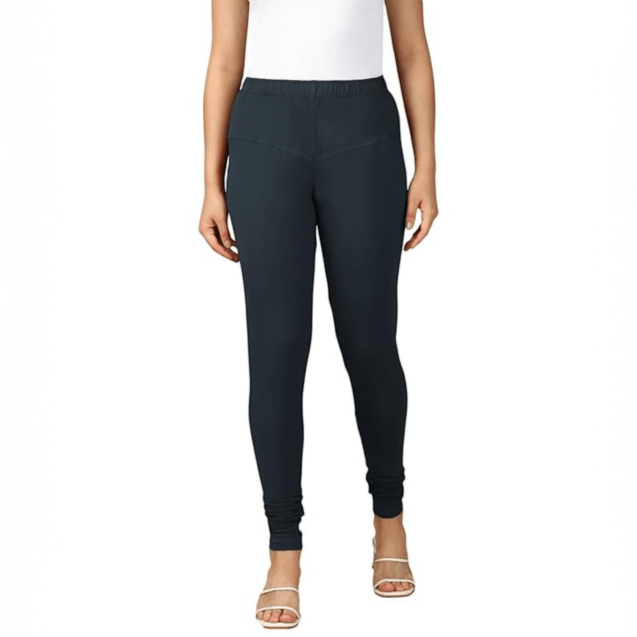 City Center solid dark grey cotton lycra churidar leggings for women with a comfortable pull-on design.