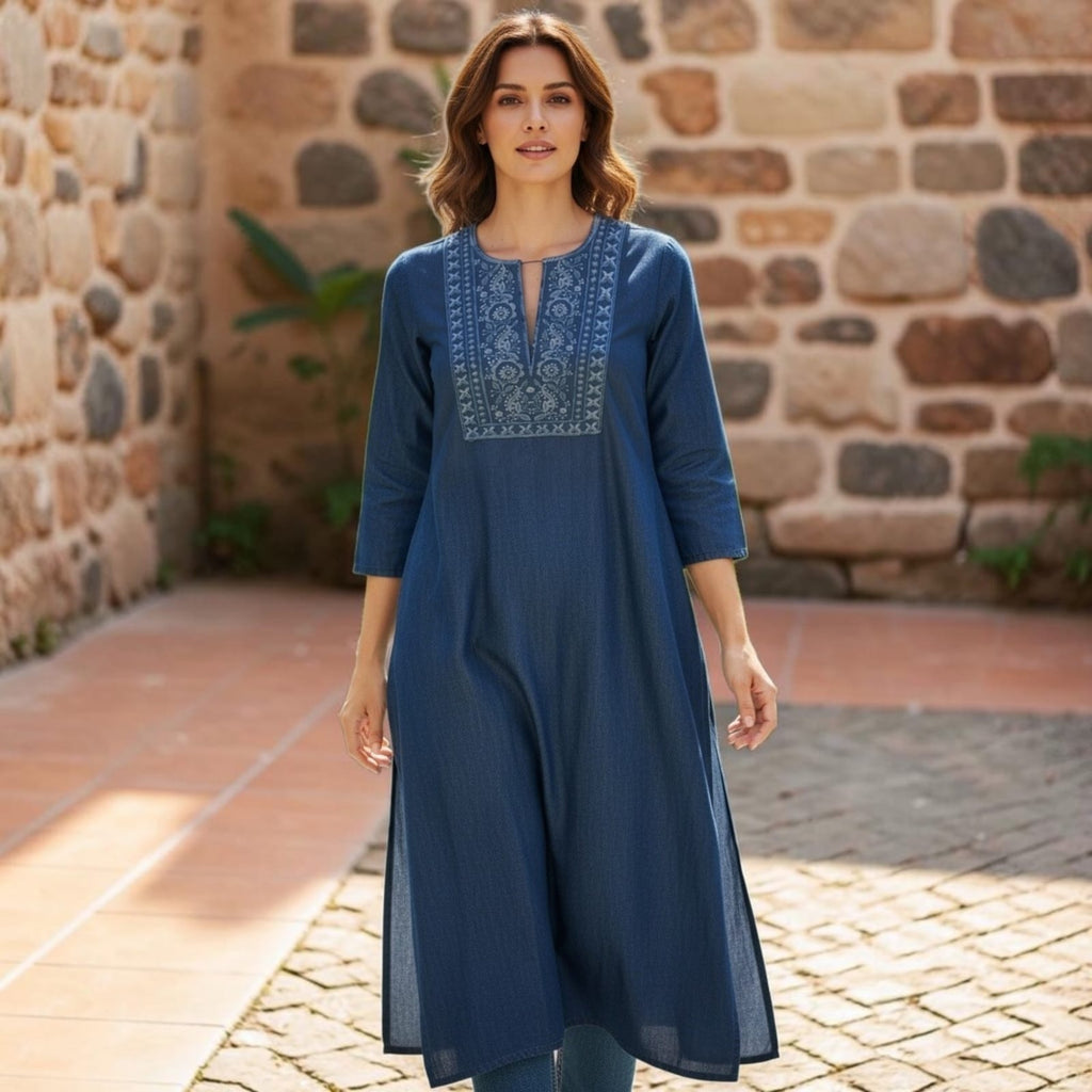 City Center premium denim kurti featuring a mandarin collar, intricate embroidery, and side slits in deep blue cotton.